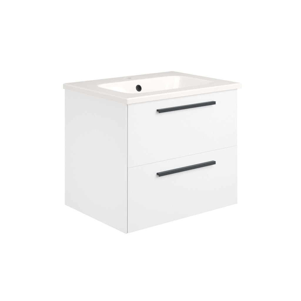 High-quality white bathroom vanity with integrated sink, sleek black handles, and spacious drawers, perfect for modern bathroom storage and design.