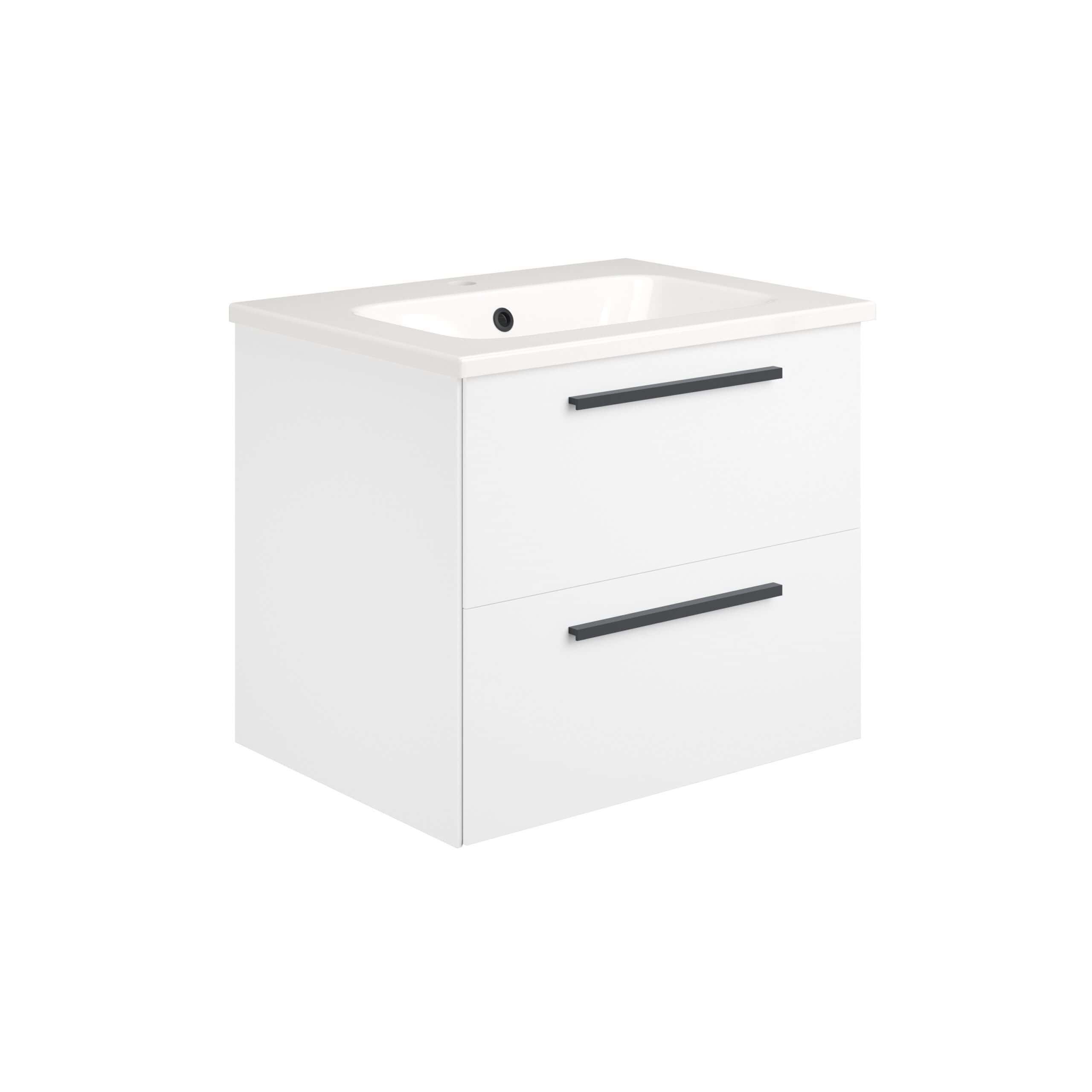High-quality white bathroom vanity with integrated sink, sleek black handles, and spacious drawers, perfect for modern bathroom storage and design.