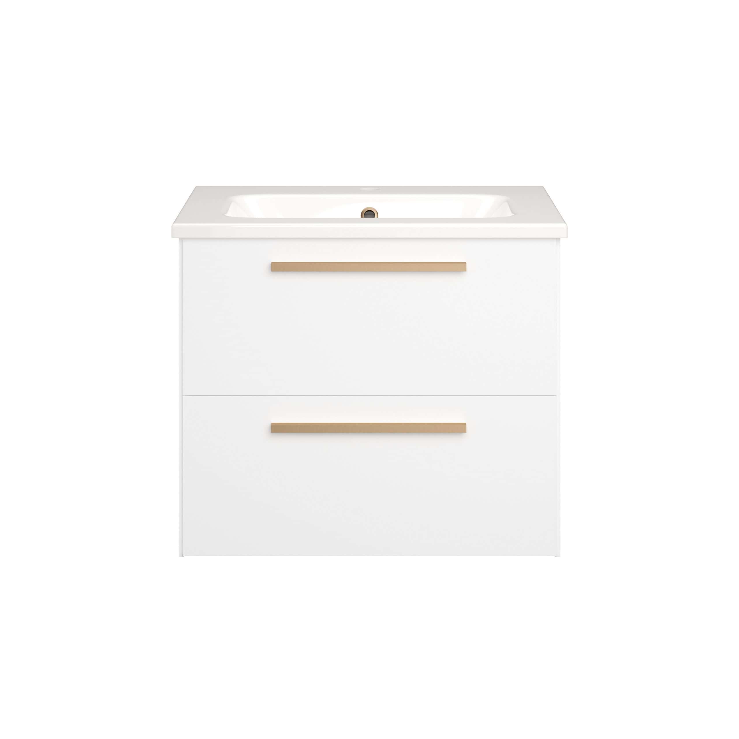 Sleek white modern bathroom vanity with integrated sink and minimalist gold handles for contemporary bathroom design. Perfect for stylish and functional bathroom storage solutions.