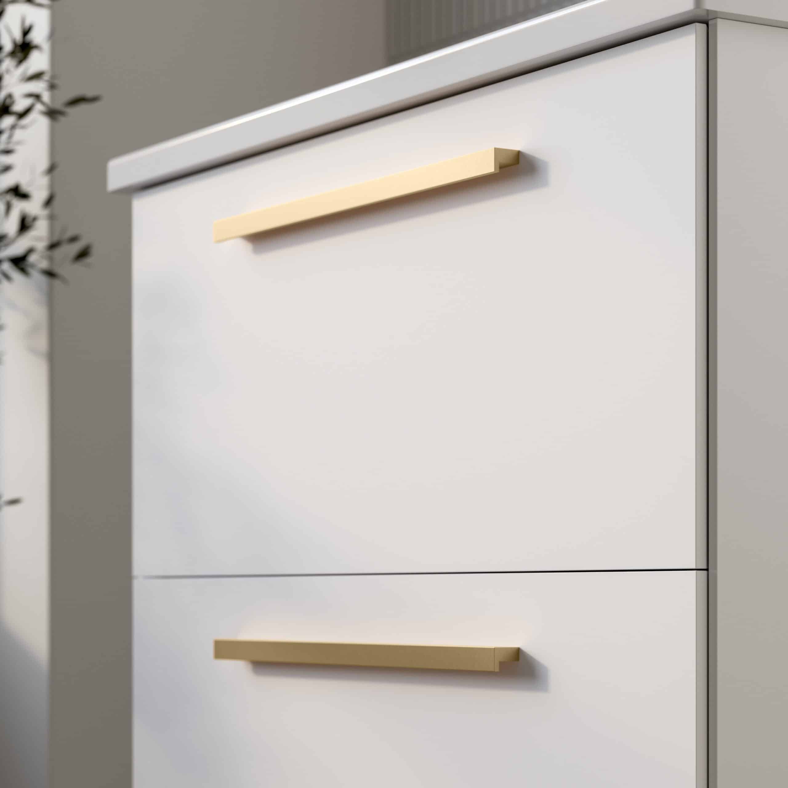 Sleek white bathroom cabinet with modern beige handles, ideal for bathroom storage and organisation. Perfect for contemporary Bubly Bathrooms installations, combining style and functionality.