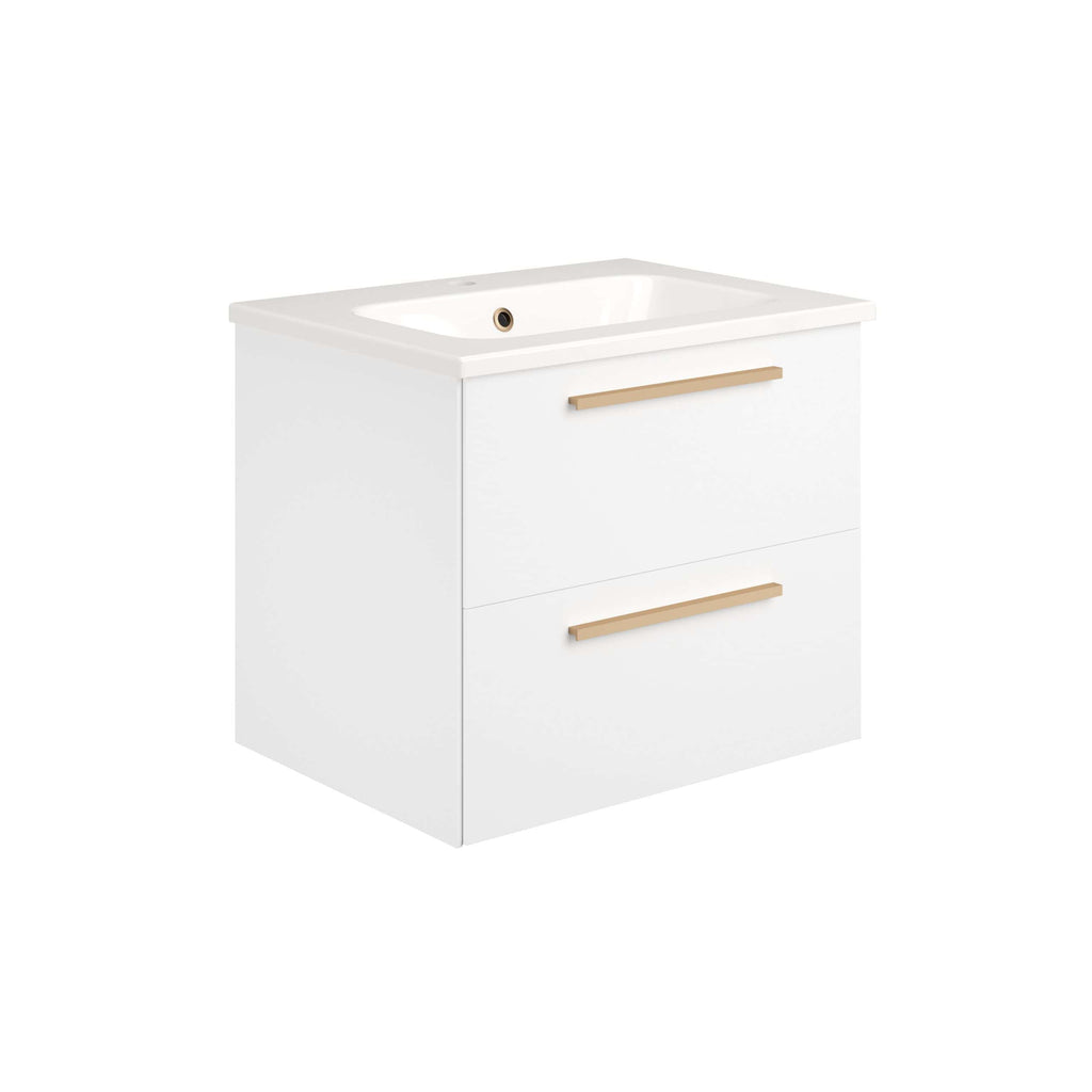 Sleek white bathroom vanity with integrated sink and modern gold handles, perfect for contemporary bathroom designs and optimal bathroom storage solutions.