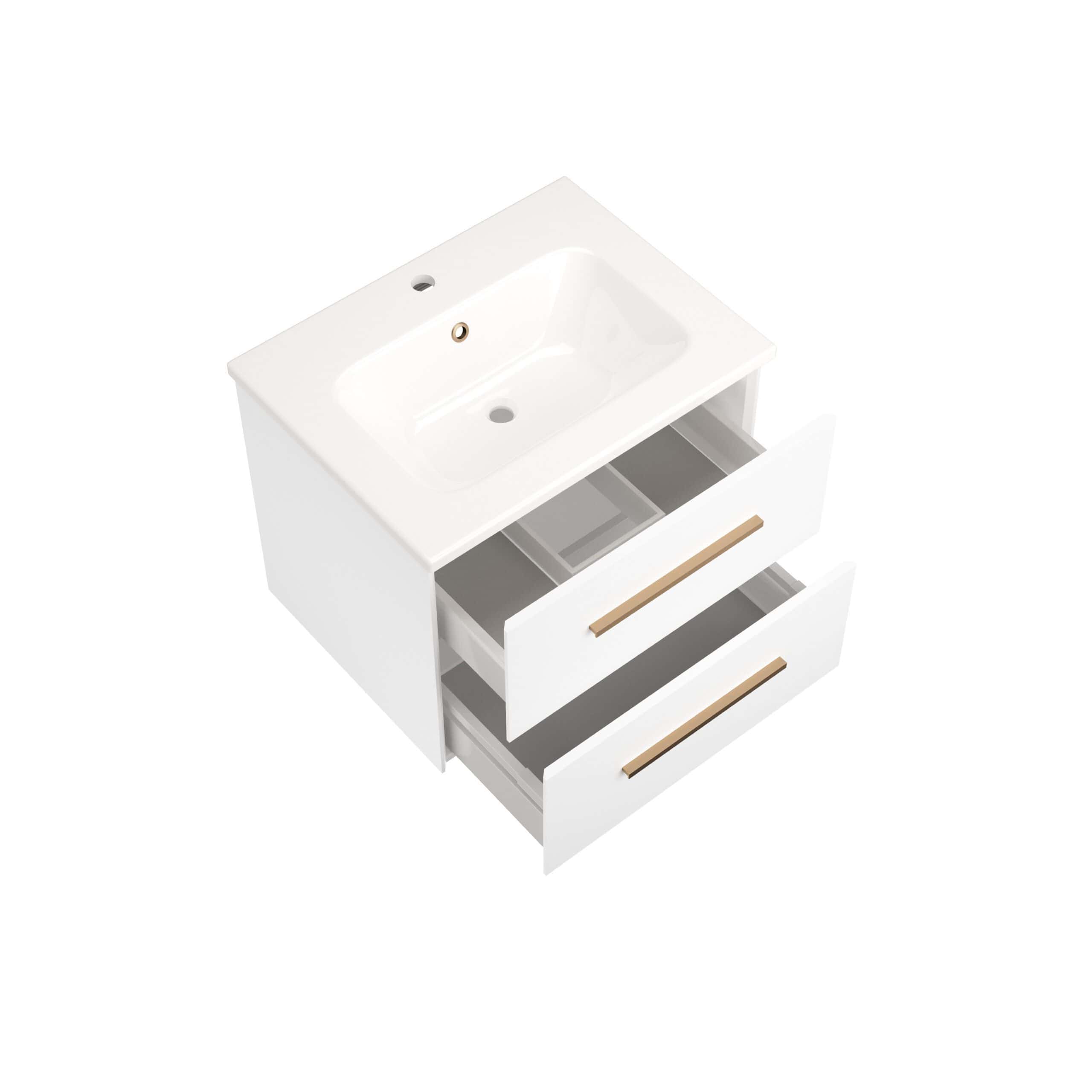 Modern white bathroom vanity with integrated sink and wooden handles, ideal for contemporary bathroom decor and storage solutions.