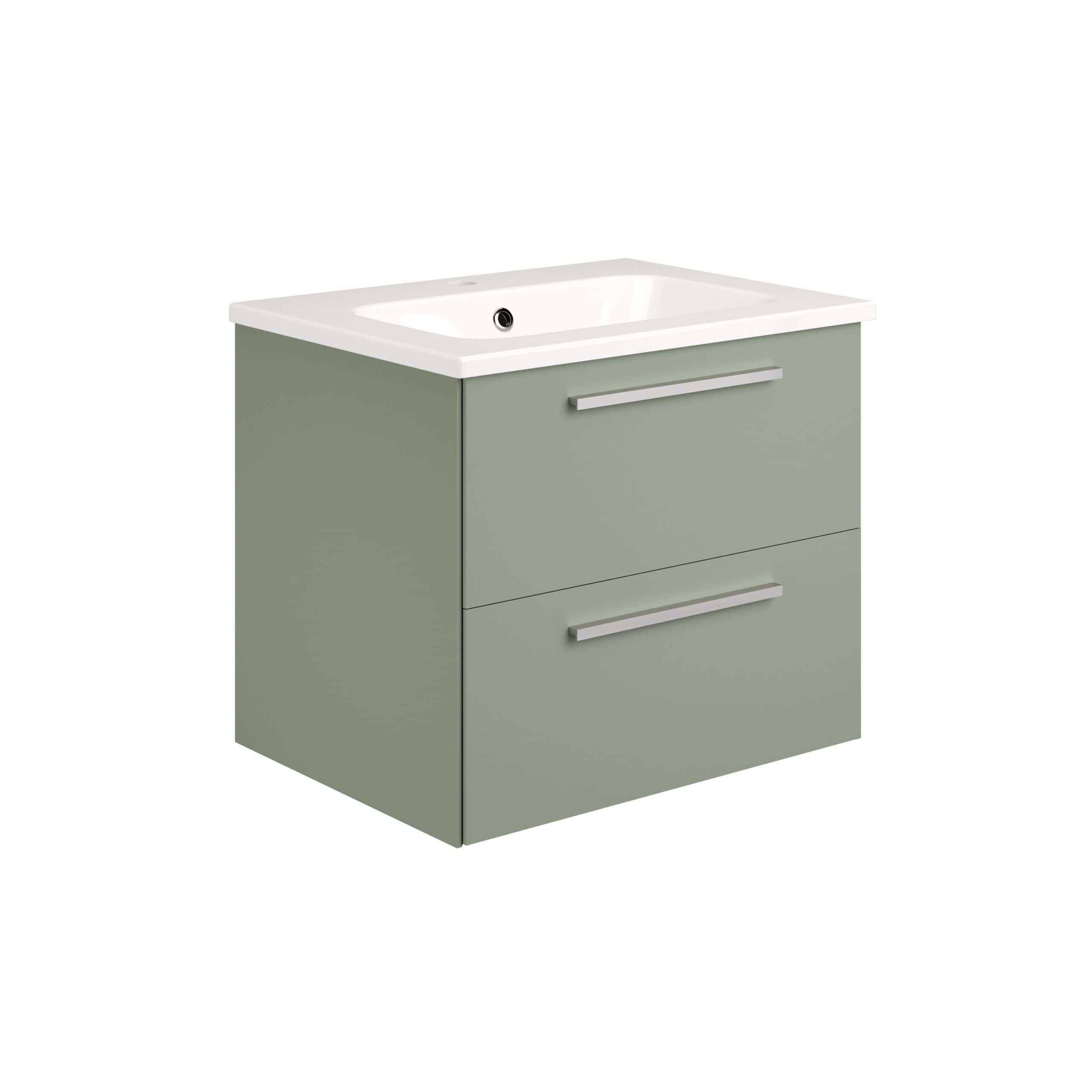 Sage green bathroom vanity with integrated sink, modern handles, and ample storage drawers, perfect for contemporary bathroom renovation.