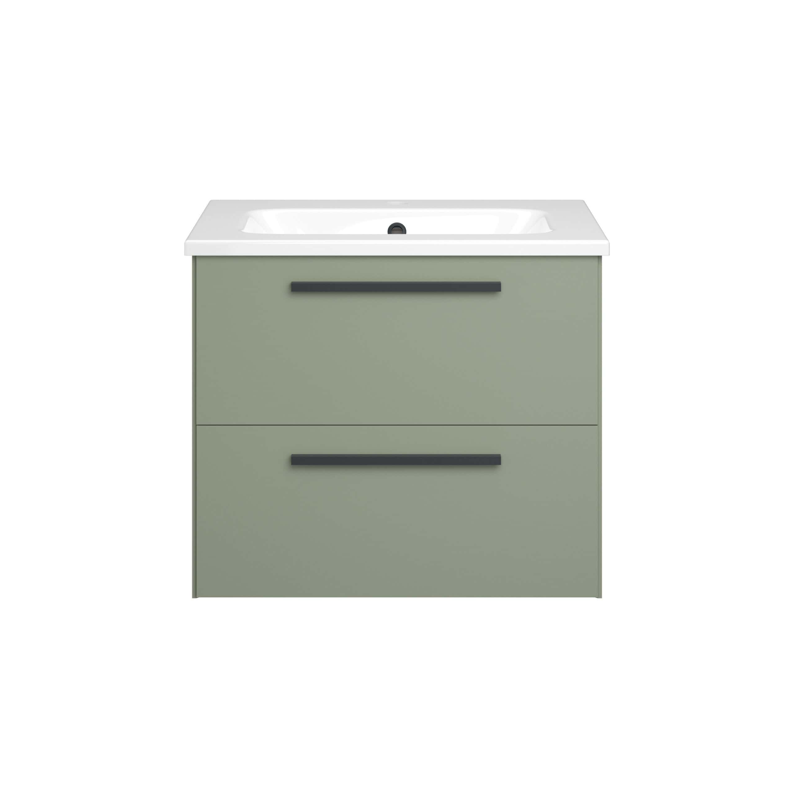 Modern green bathroom vanity unit with integrated sink and black handles, ideal for contemporary bathroom designs. High-quality bathroom furniture for storage and style.