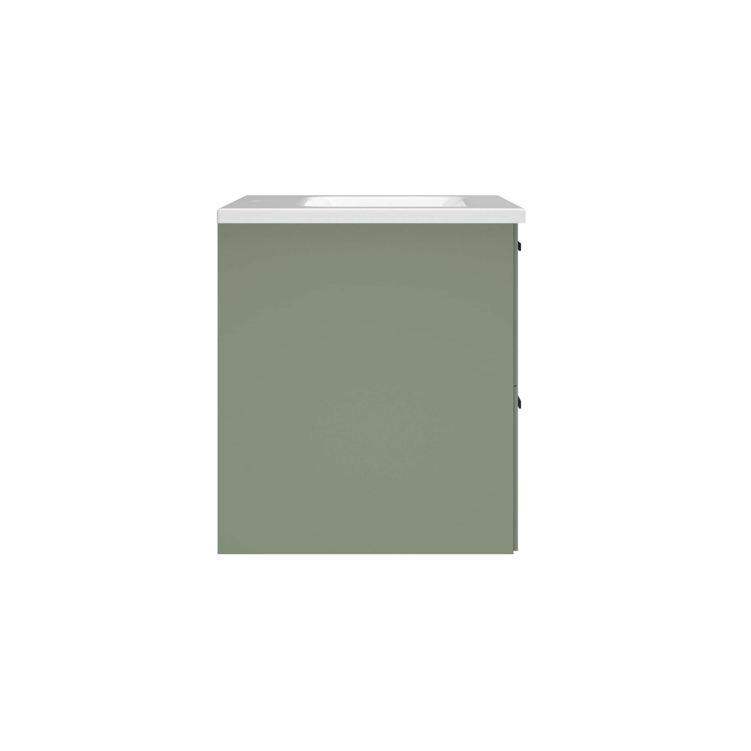 Modern green bathroom vanity unit with integrated sink and storage drawers, ideal for contemporary bathroom designs. Durable, stylish, and space-efficient.