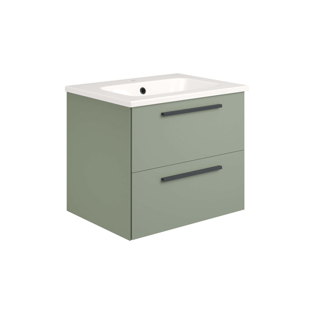 Contemporary green bathroom vanity with integrated sink, sleek black handles, ideal for modern bathrooms, compact storage, and stylish design. Perfect for bathroom renovation or upgrade.