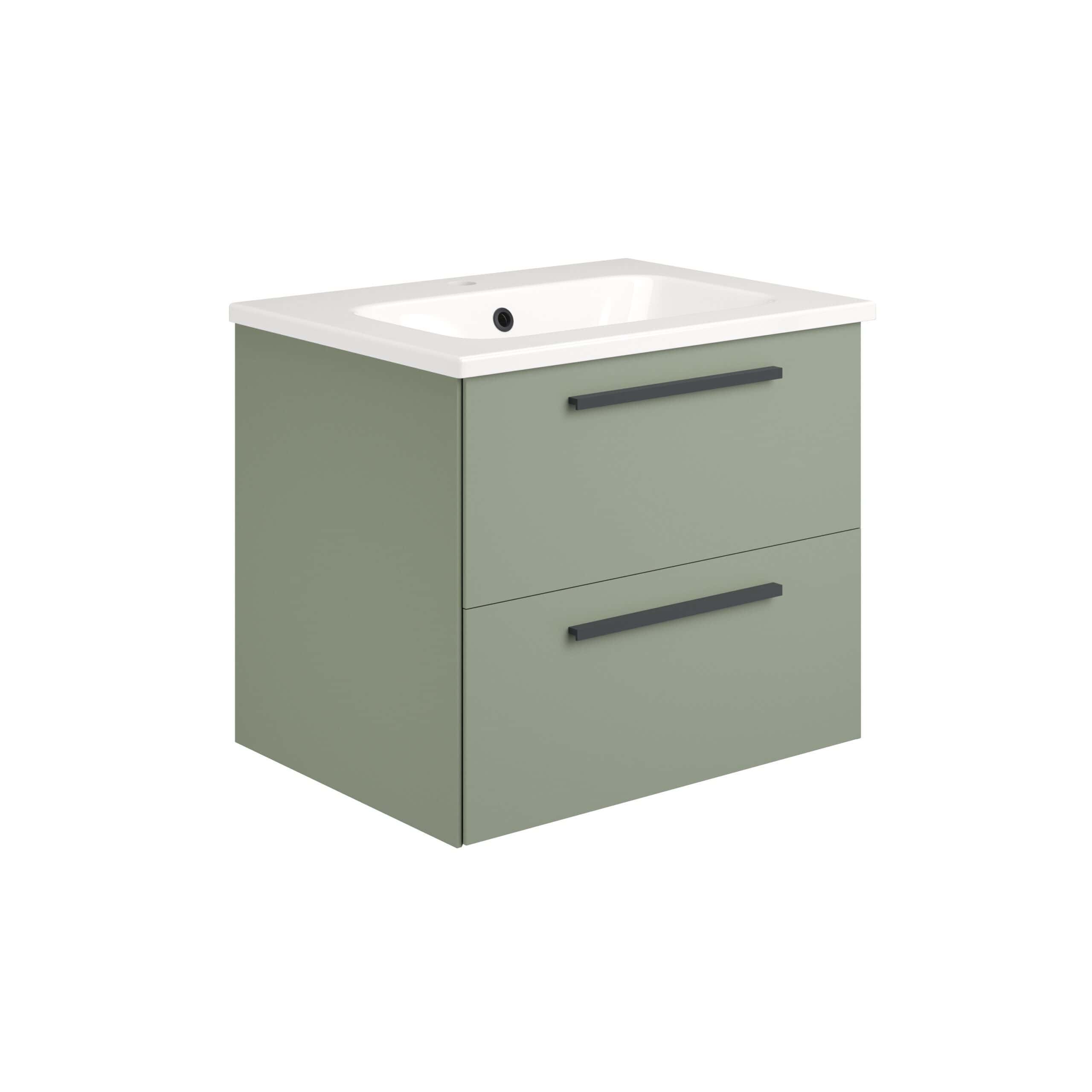 Contemporary green bathroom vanity with integrated sink, sleek black handles, ideal for modern bathrooms, compact storage, and stylish design. Perfect for bathroom renovation or upgrade.