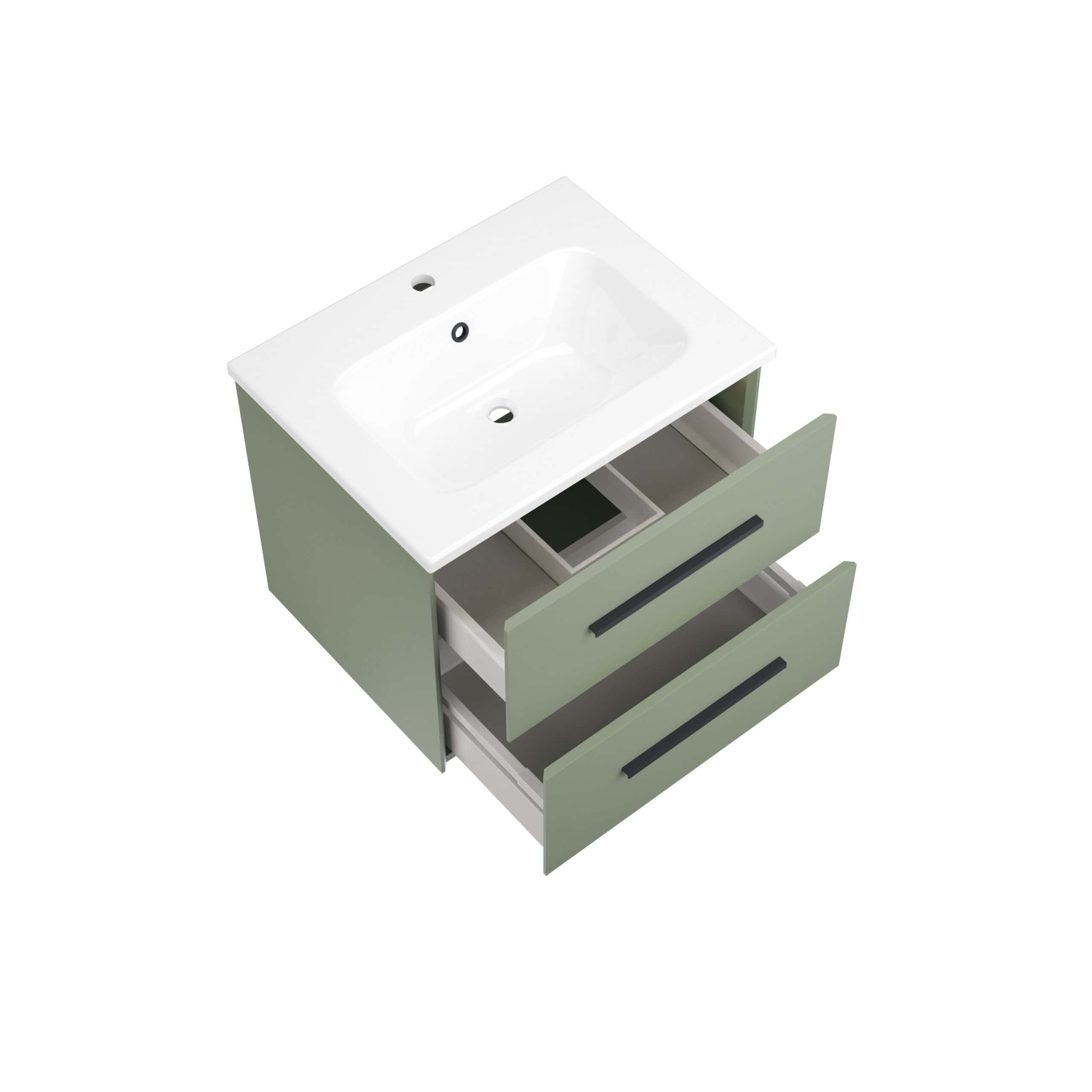 Modern bathroom vanity unit with a white ceramic sink, featuring two drawers with black handles, perfect for contemporary bathroom storage and design.