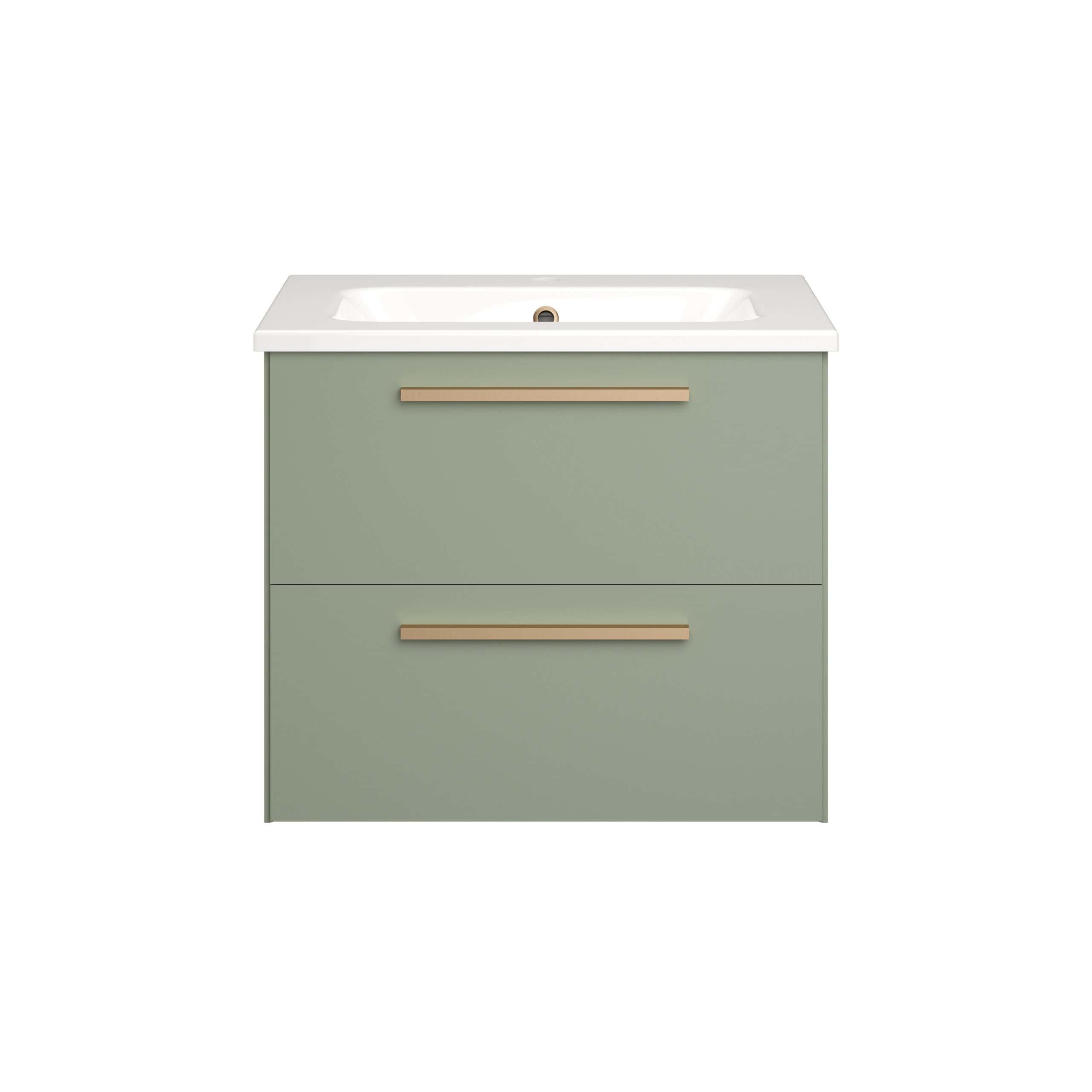 Modern green bathroom vanity unit with integrated sink and sleek beige handles, perfect for contemporary bathroom designs and storage solutions.