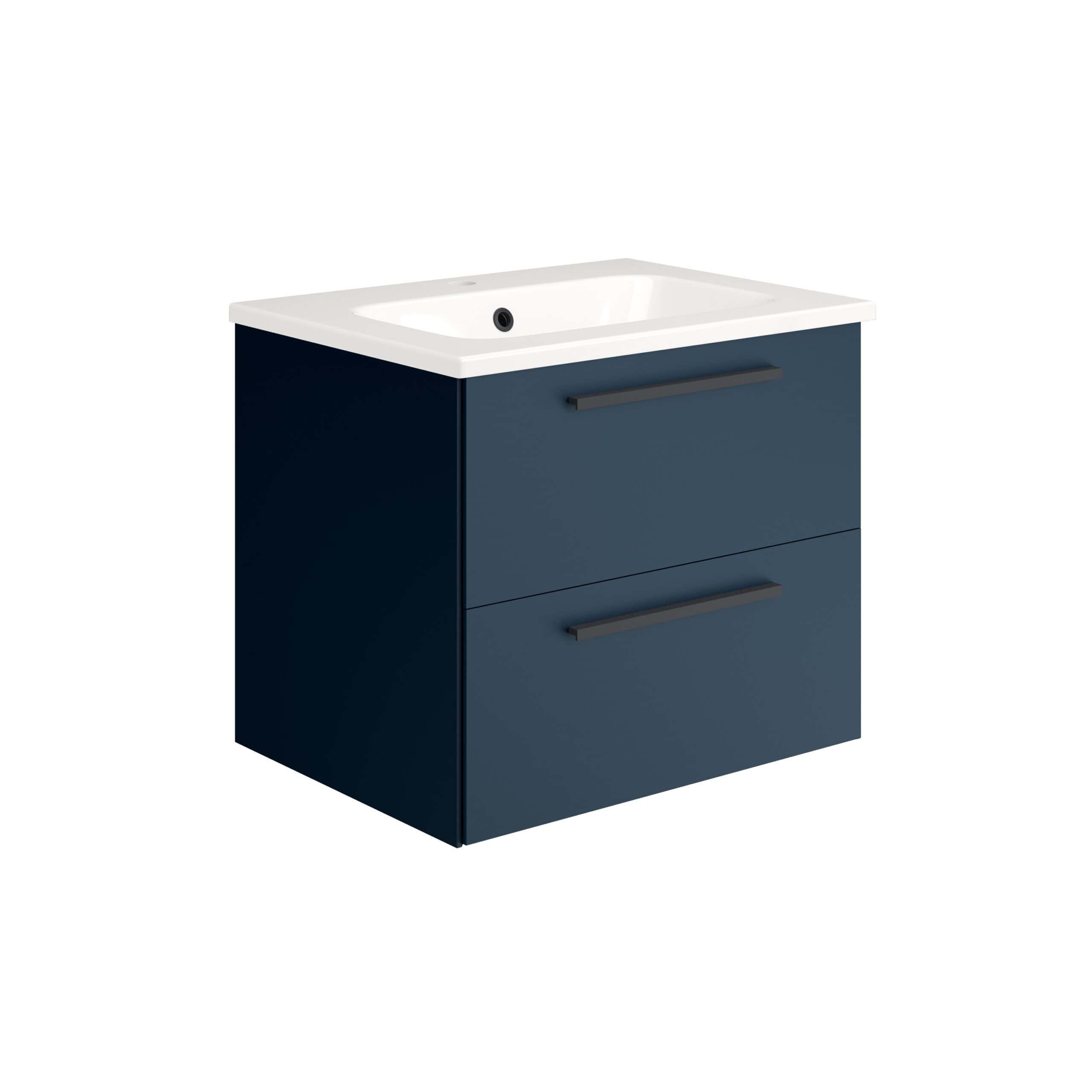 Modern navy bathroom vanity with ceramic countertop and integrated sink, featuring sleek black handles and ample storage space, ideal for contemporary bathroom design.