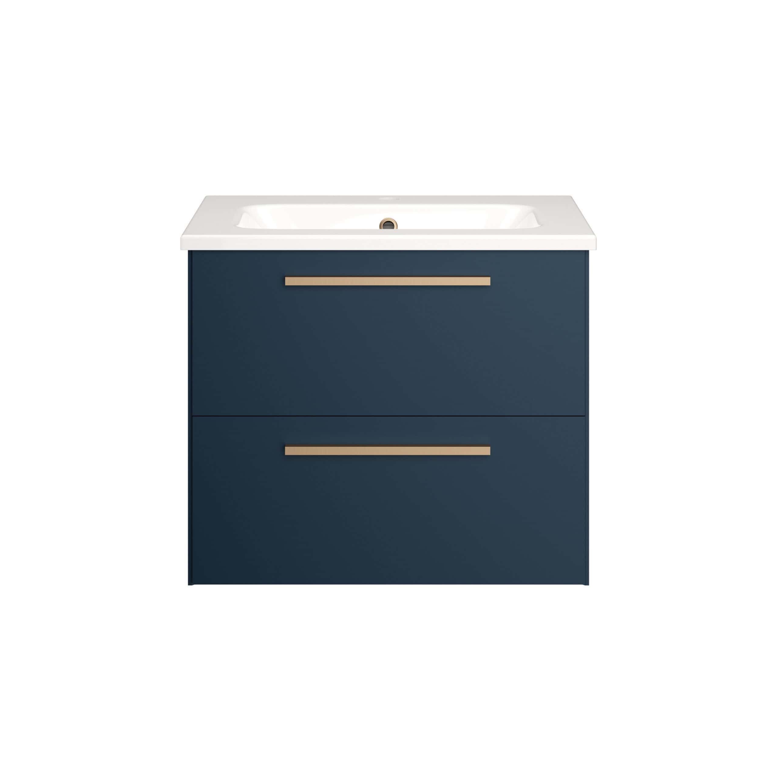 Modern navy blue bathroom vanity with white ceramic sink and sleek gold handles, ideal for contemporary bathrooms.