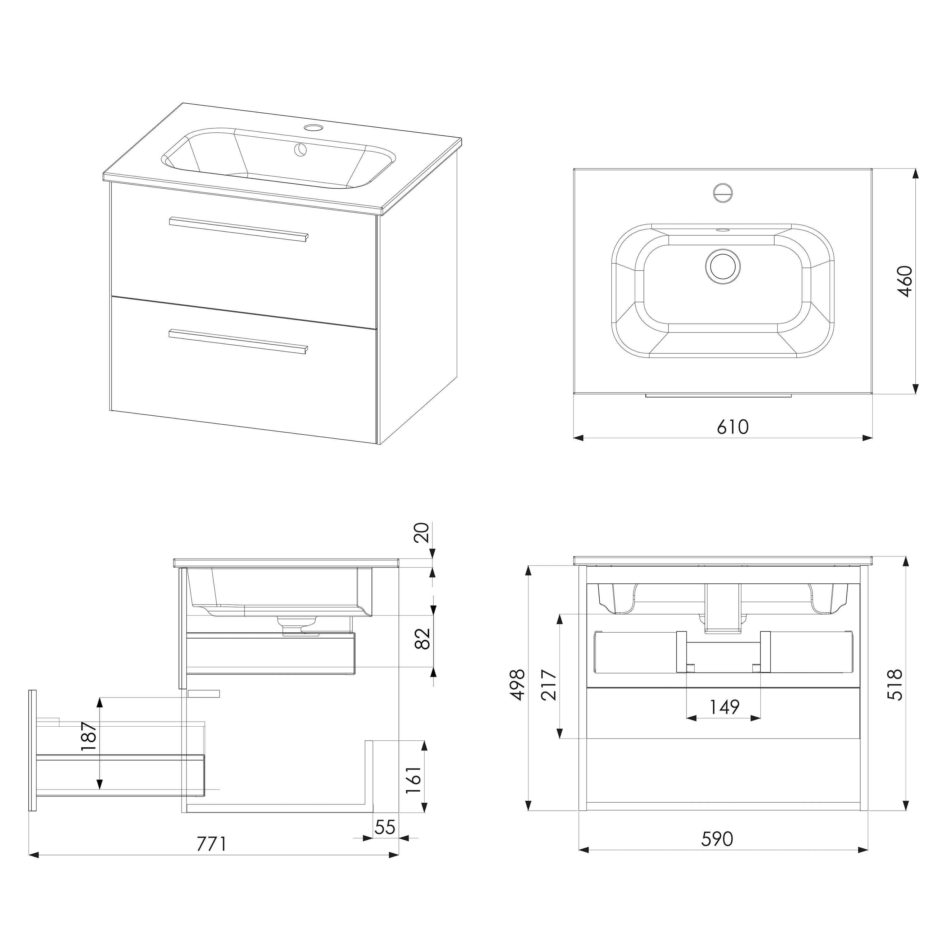 Sleek minimalist bathroom vanity with integrated basin, modern storage drawers, and precise dimensions for contemporary bathroom renovation. Ideal for stylish, functional bathroom designs.