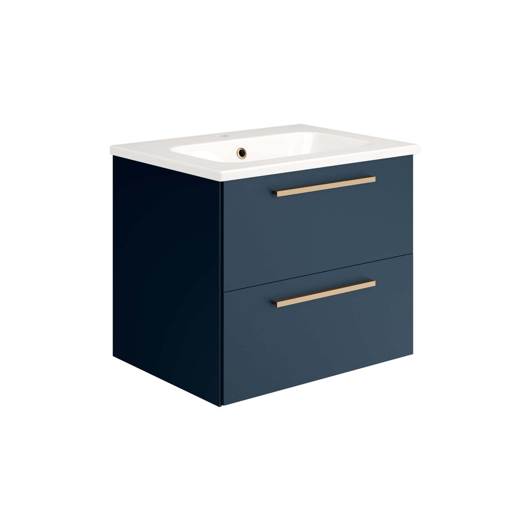 Modern navy blue bathroom vanity with white ceramic sink and brushed brass handles, ideal for contemporary bathroom designs. Durable and stylish storage solution for a sleek bathroom upgrade.