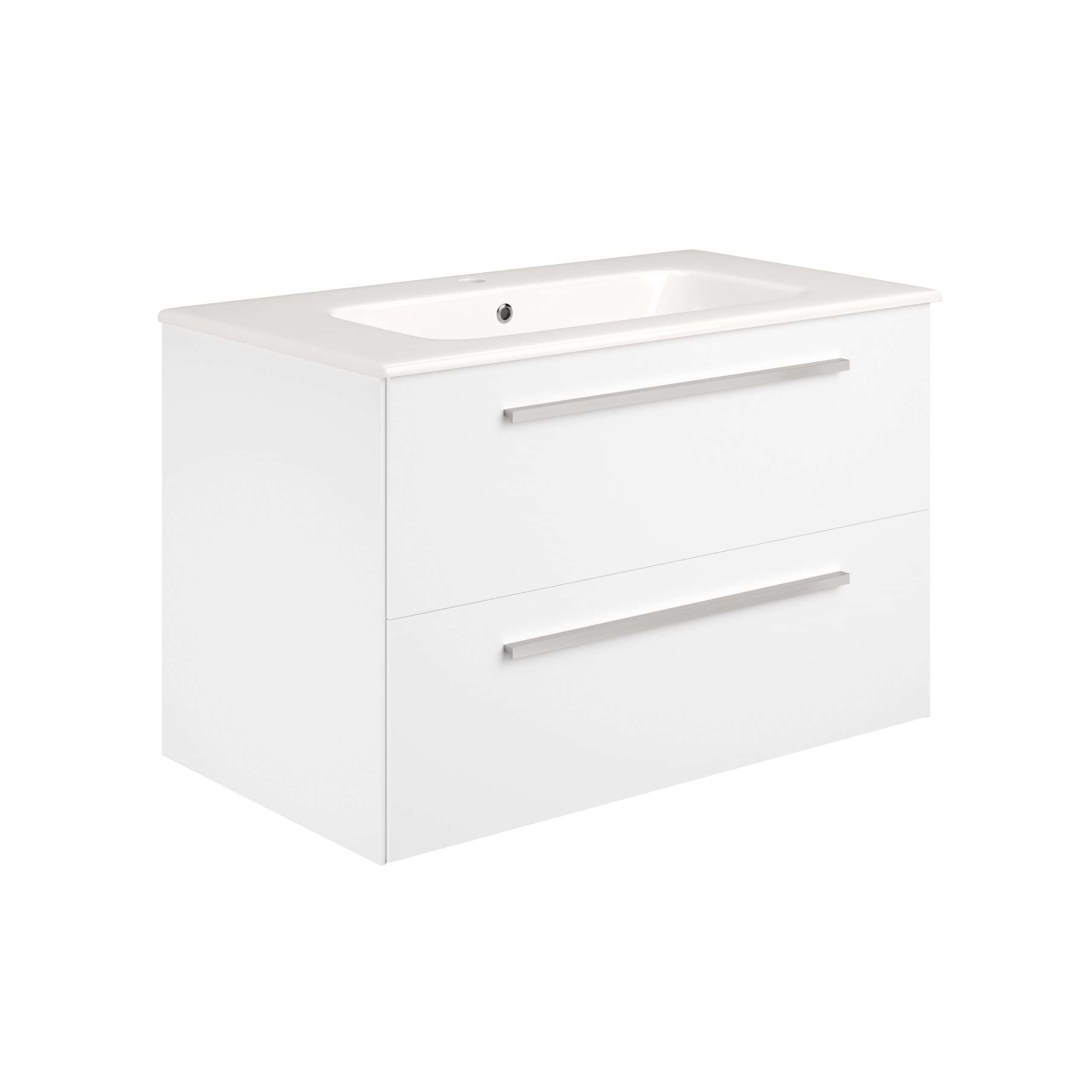 Modern white bathroom vanity with built-in sink, sleek drawers, and minimalist design, ideal for contemporary bathroom upgrades and bathroom storage solutions.
