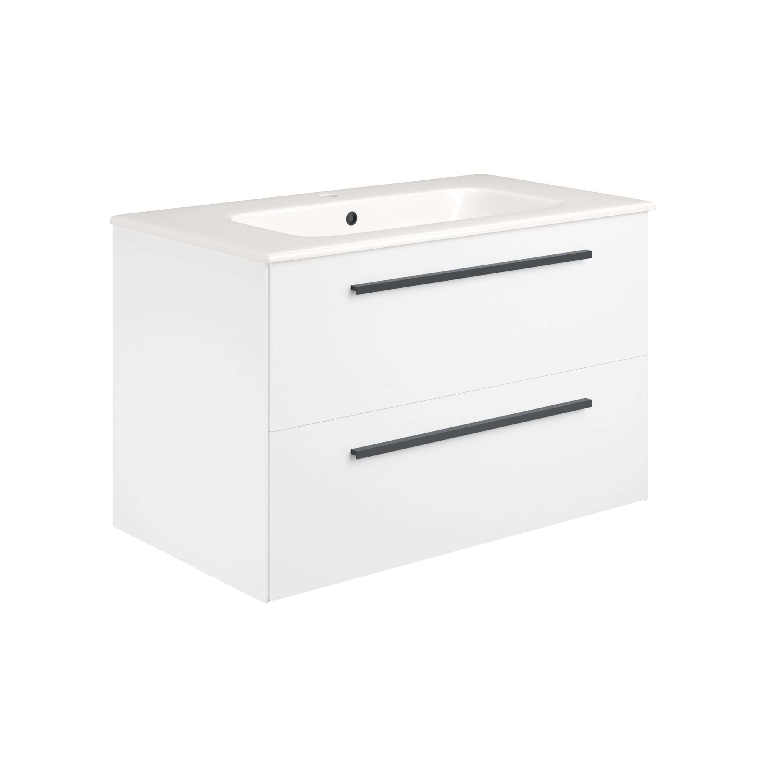 Sleek white bathroom vanity with integrated sink and modern black handles, perfect for contemporary bathroom designs. Spacious storage drawers for organisation.