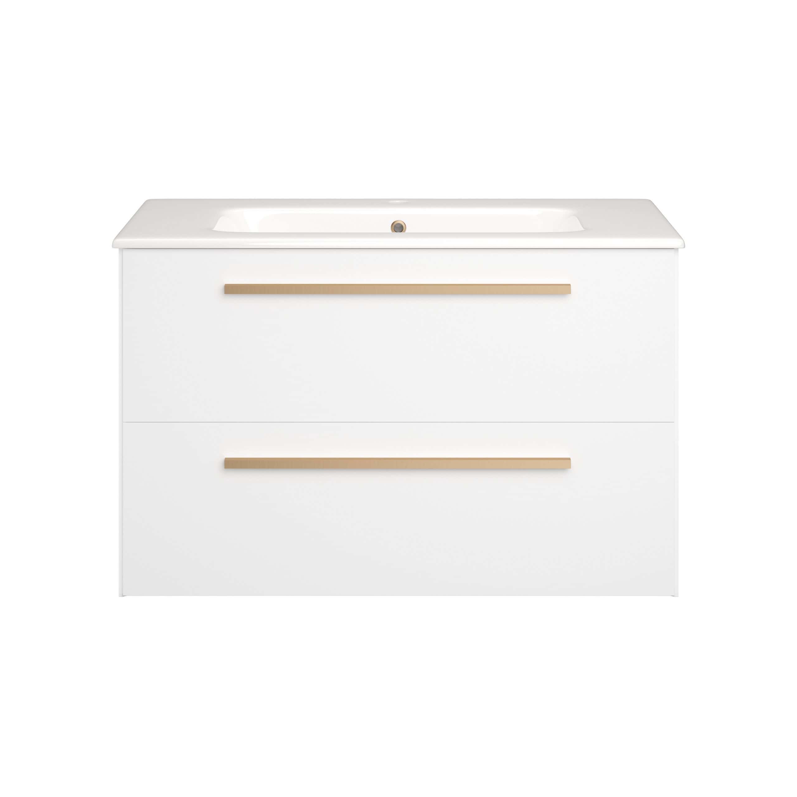 Sleek white bathroom vanity with dual drawers and modern wood-effect handles, ideal for contemporary bathroom storage solutions.