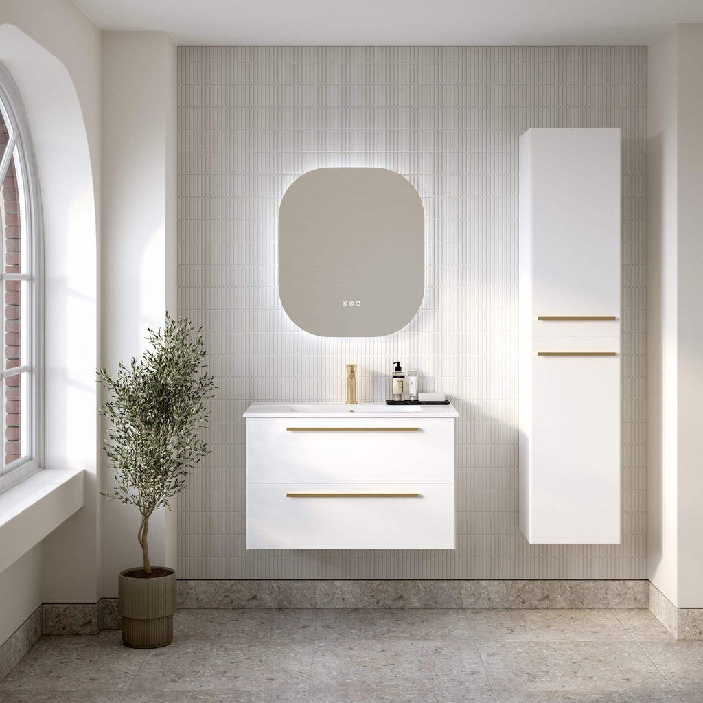 Elegant modern bathroom vanity with white cabinetry, sleek wall-mounted mirror, and minimalist decor in a bright, contemporary bathroom setting.