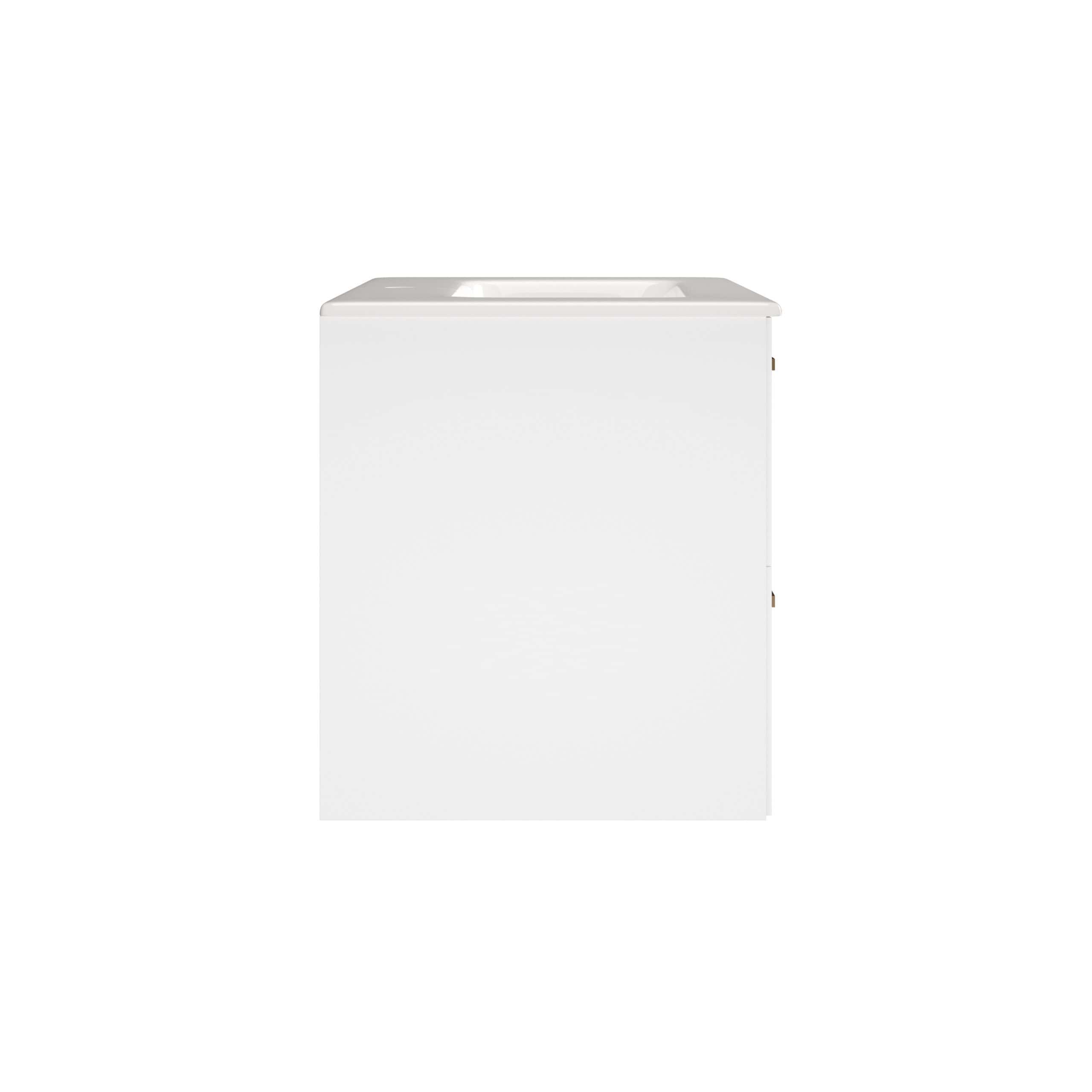 Compact bathroom vanity unit with integrated sink, modern white finish, ideal for contemporary bathrooms, offers practical storage and sleek design.