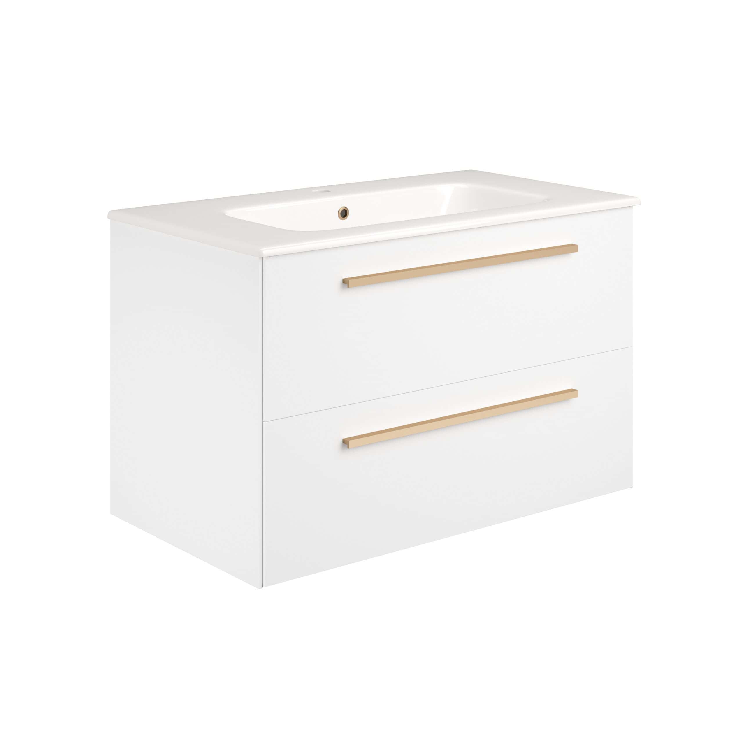 Modern white bathroom vanity unit with integrated sink and sleek gold handles, ideal for contemporary bathroom decor and storage solutions.