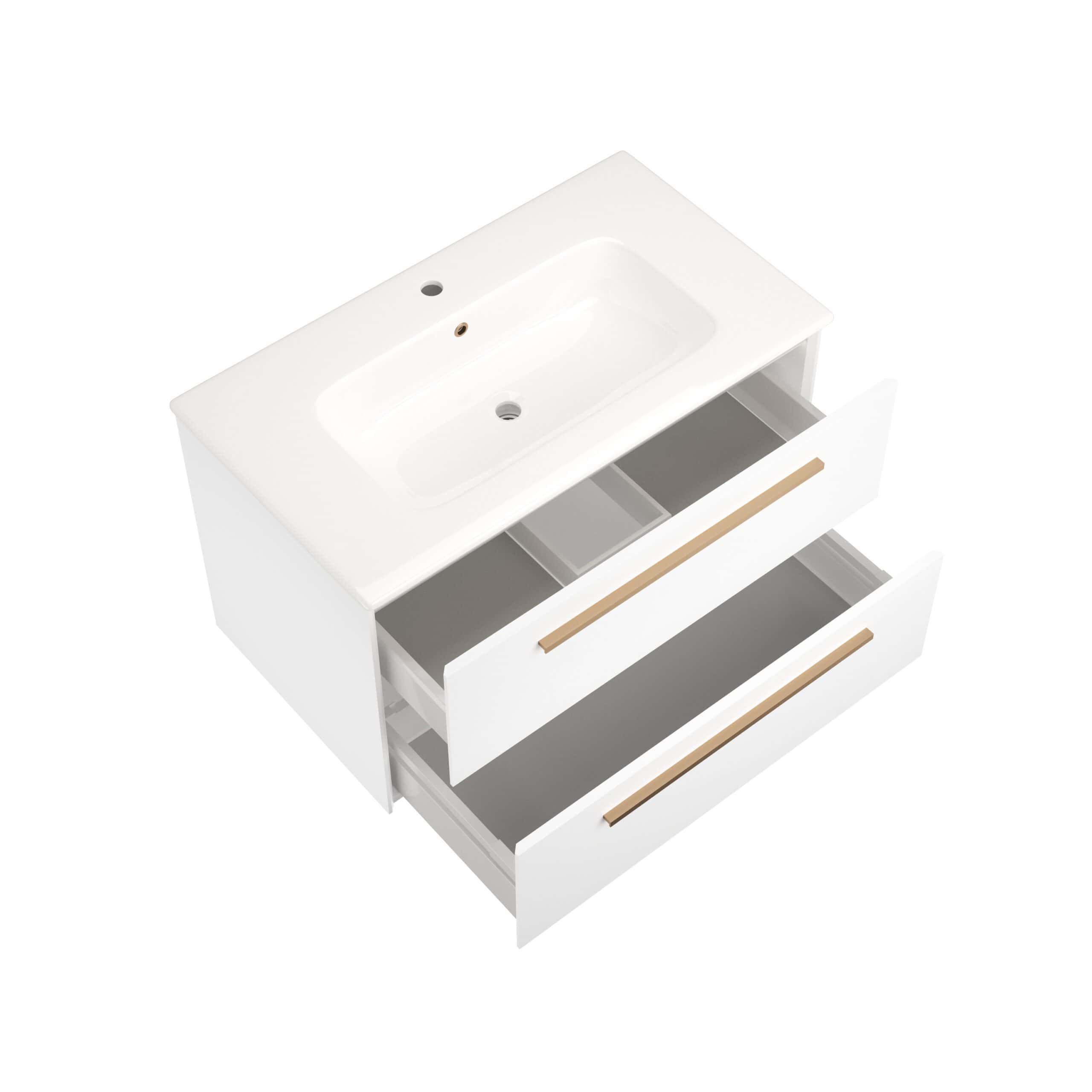 Modern white bathroom vanity with integrated sink and storage drawers for bathroom organisation and style.