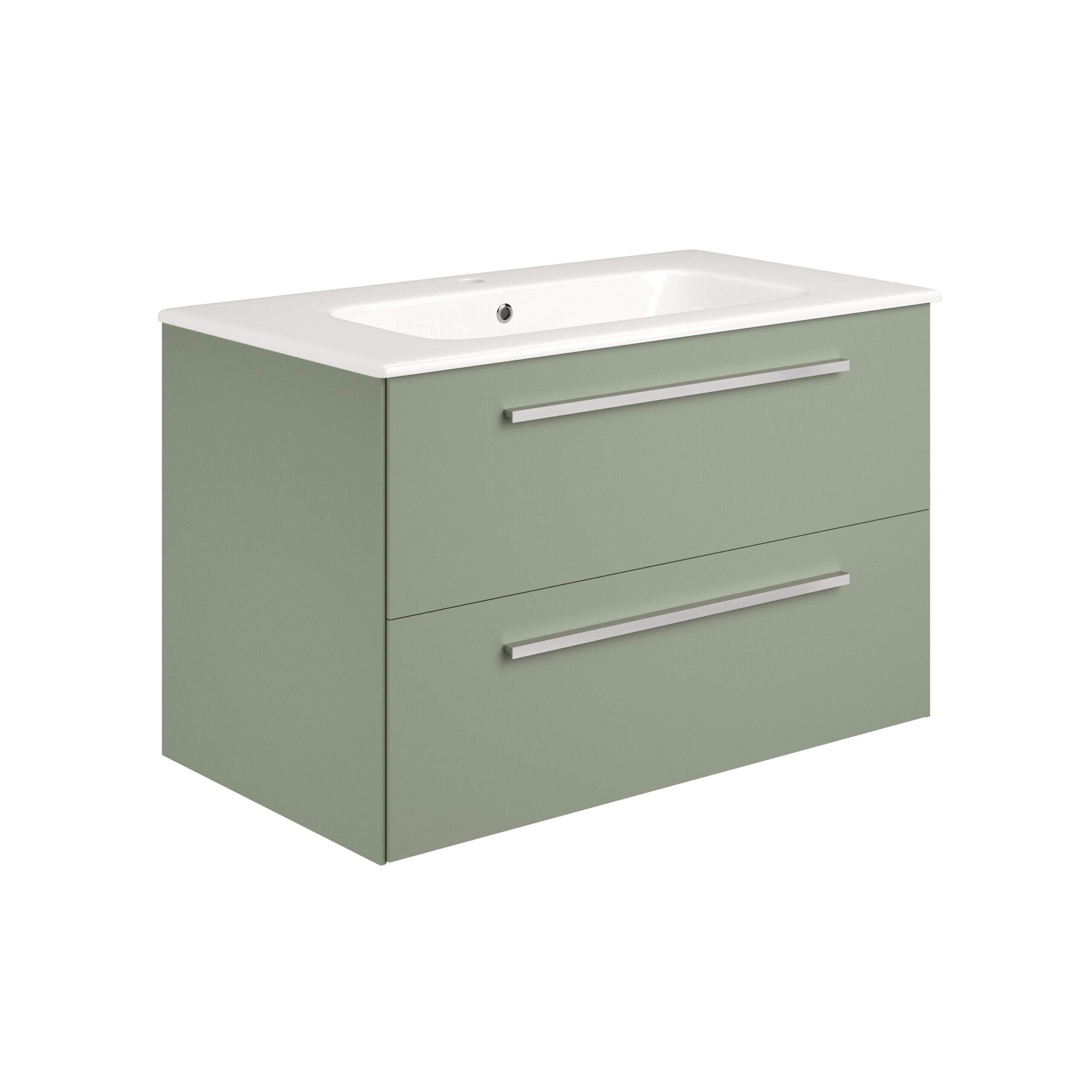 Modern green bathroom vanity with integrated sink, sleek design, and metallic handles, perfect for contemporary bathroom decor.