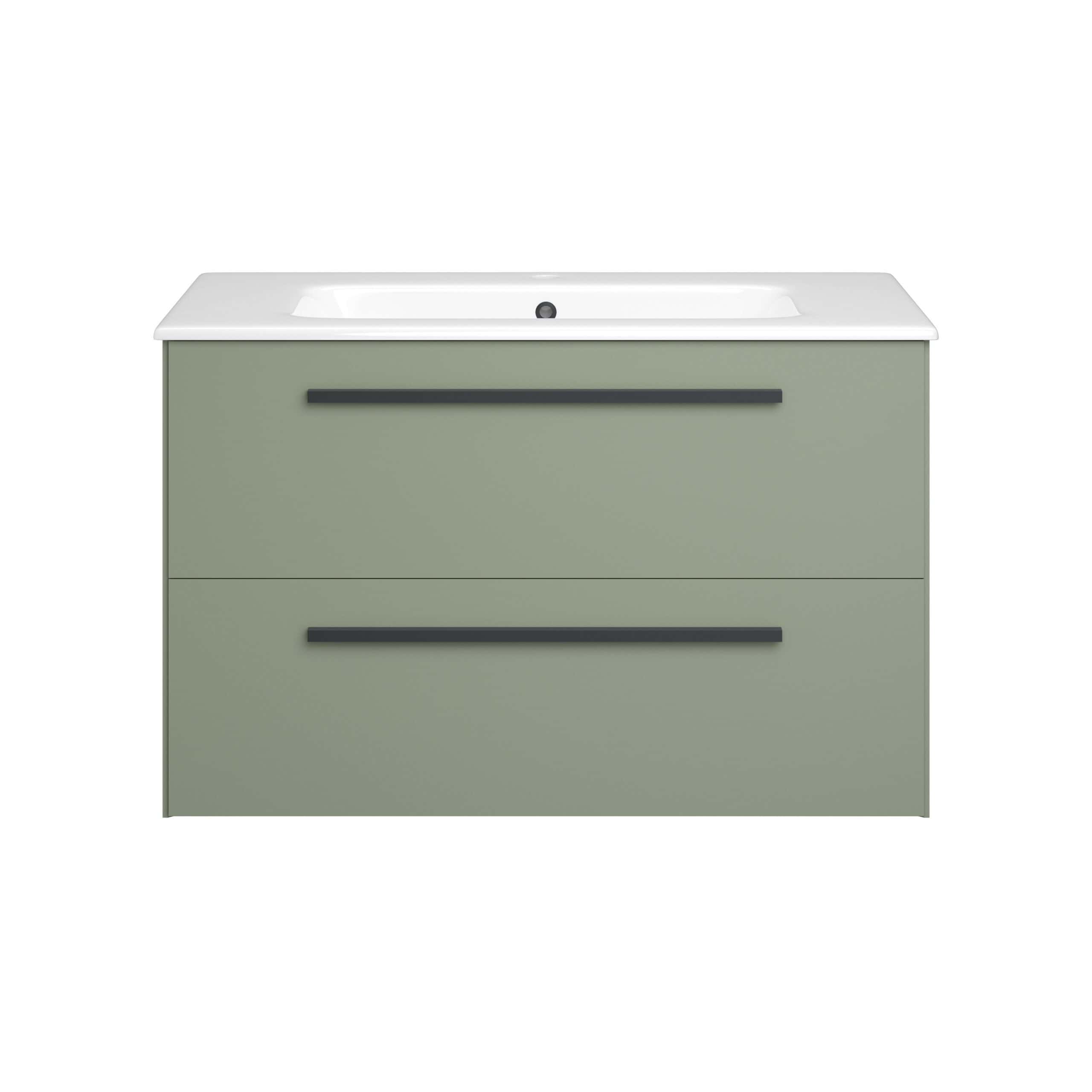 Sleek green bathroom vanity with integrated sink, modern black handles, and spacious drawers for ample storage, perfect for contemporary bathroom design and organisation.