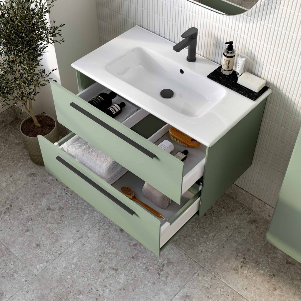 Sleek modern bathroom vanity with open drawers containing toiletries, towels, and grooming accessories, featuring a minimalist sink and matte black fixtures for stylish bathroom storage.