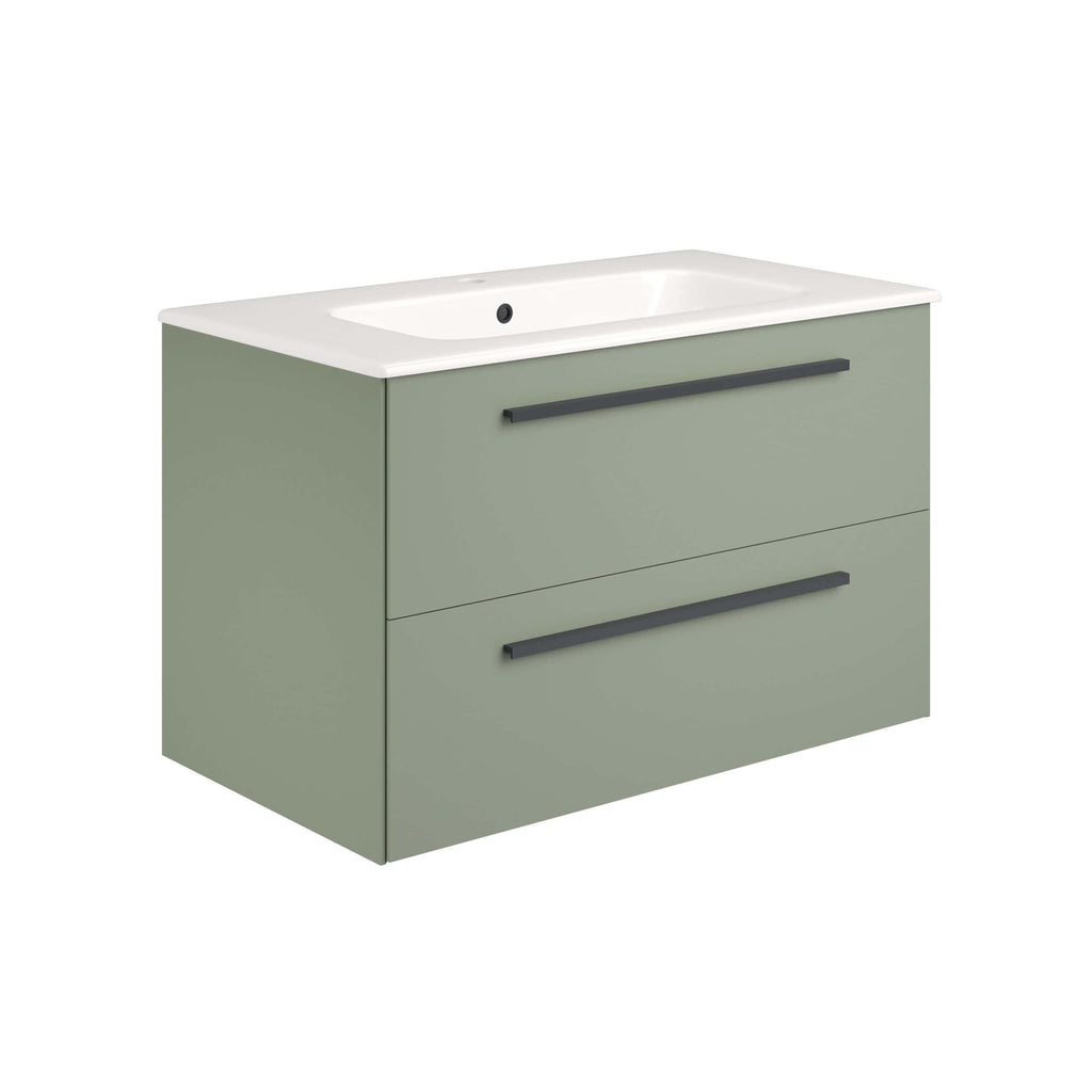 Contemporary green bathroom vanity with integrated sink and sleek black handles, perfect for modern bathroom design and storage solutions.