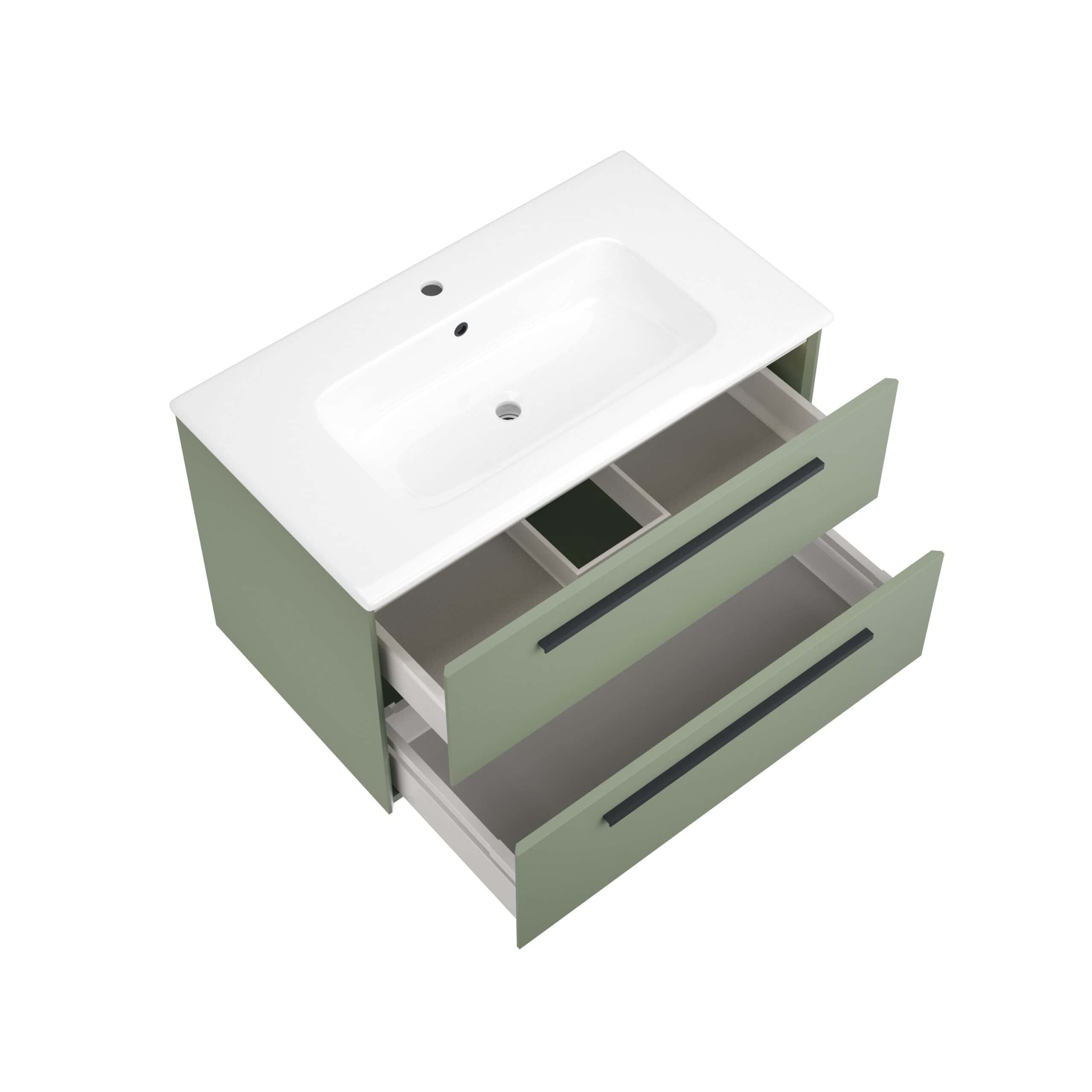 Luxurious green bathroom vanity with integrated ceramic sink and multiple drawers for stylish storage solutions. Perfect for modern bathroom renovations with sleek black handles.