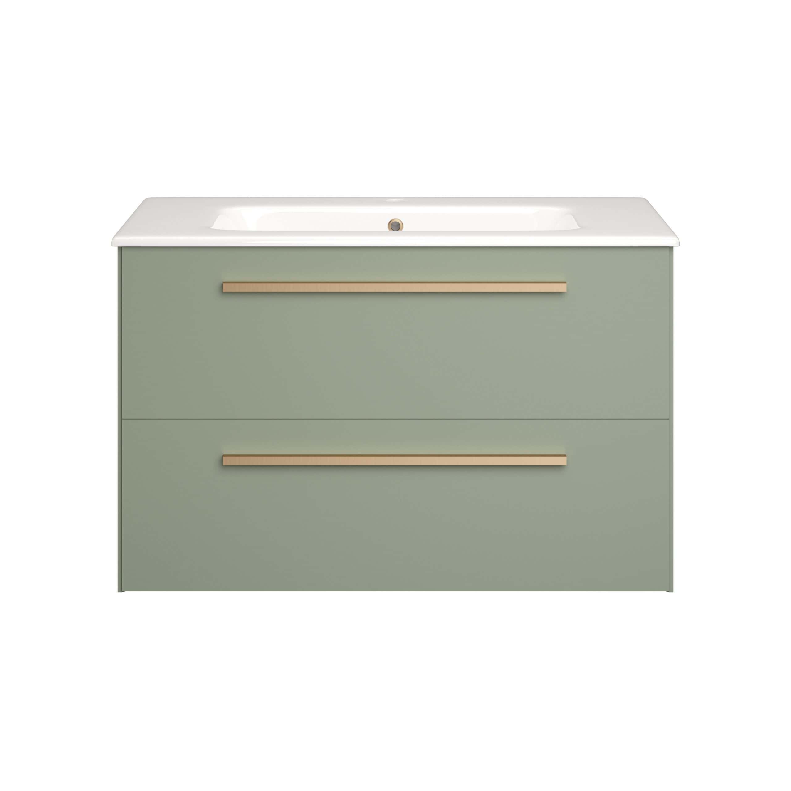 Modern green bathroom vanity with integrated sink, minimalist design and natural wood handles, perfect for contemporary bathroom interiors.