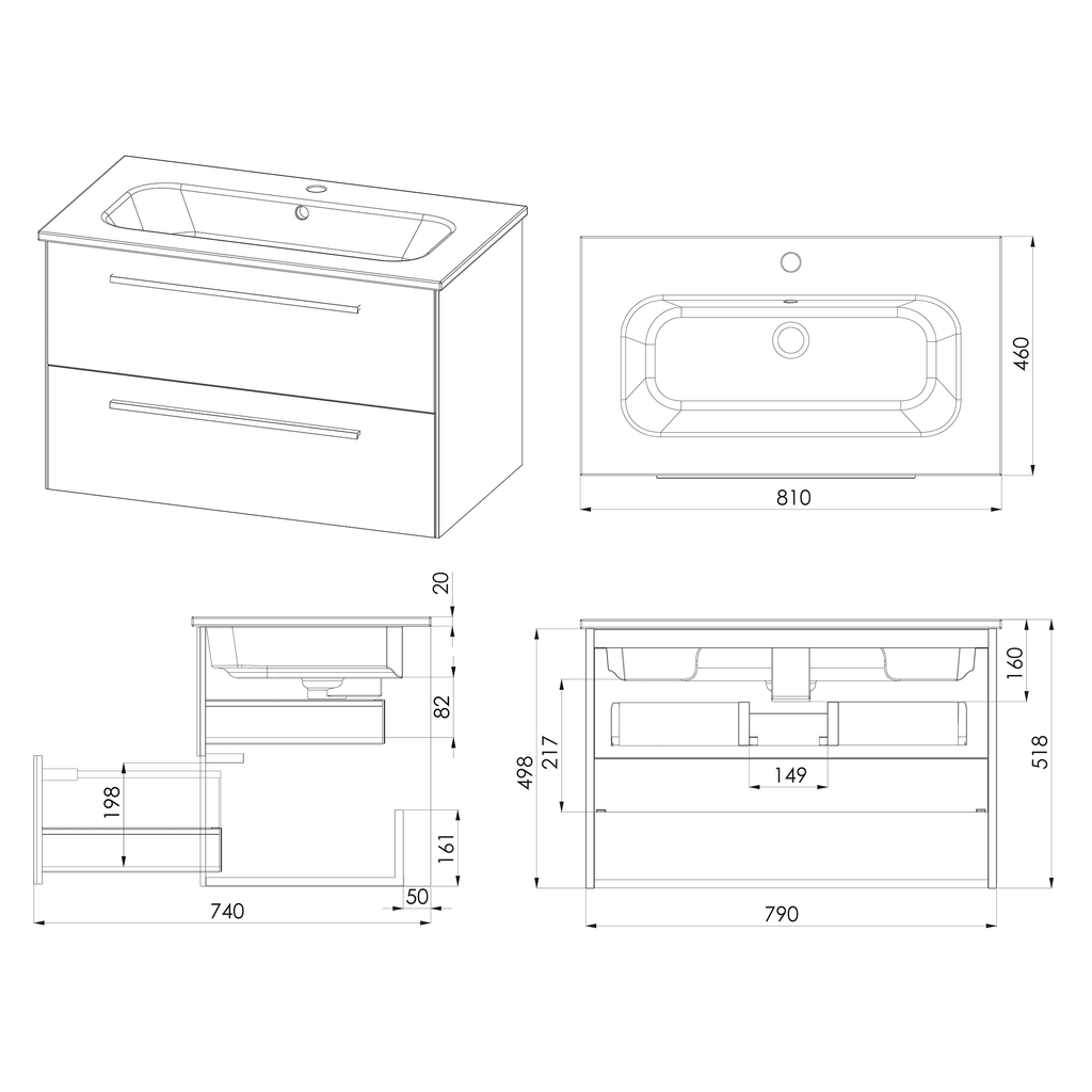 Sleek contemporary bathroom vanity with built-in sink, storage drawers, and precise dimensions for modern bathroom design. Perfect for stylish, functional bathroom renovation projects.