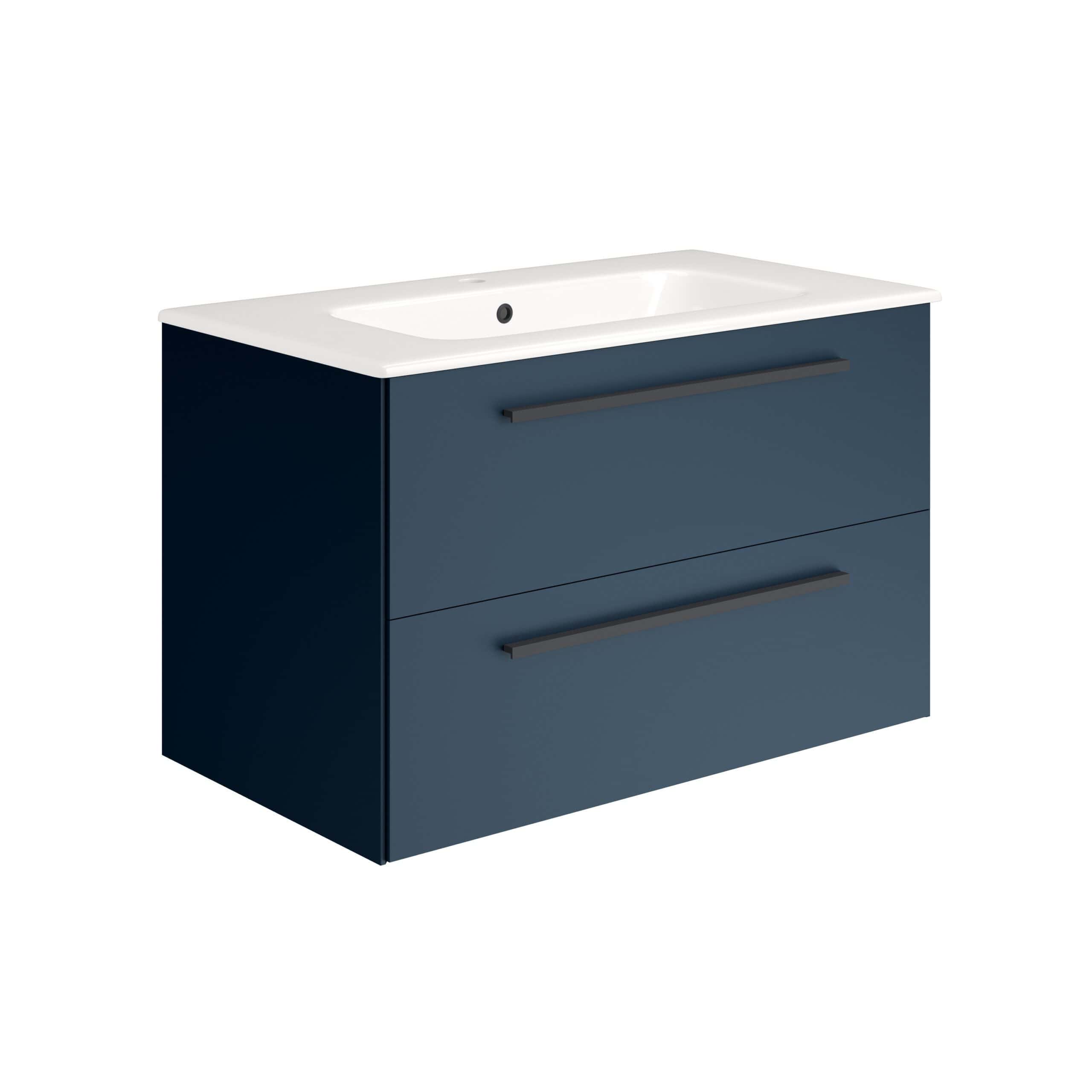 Sleek navy blue bathroom vanity with built-in ceramic sink, modern minimalist design, featuring two large drawers with black handles, ideal for contemporary bathroom décor.