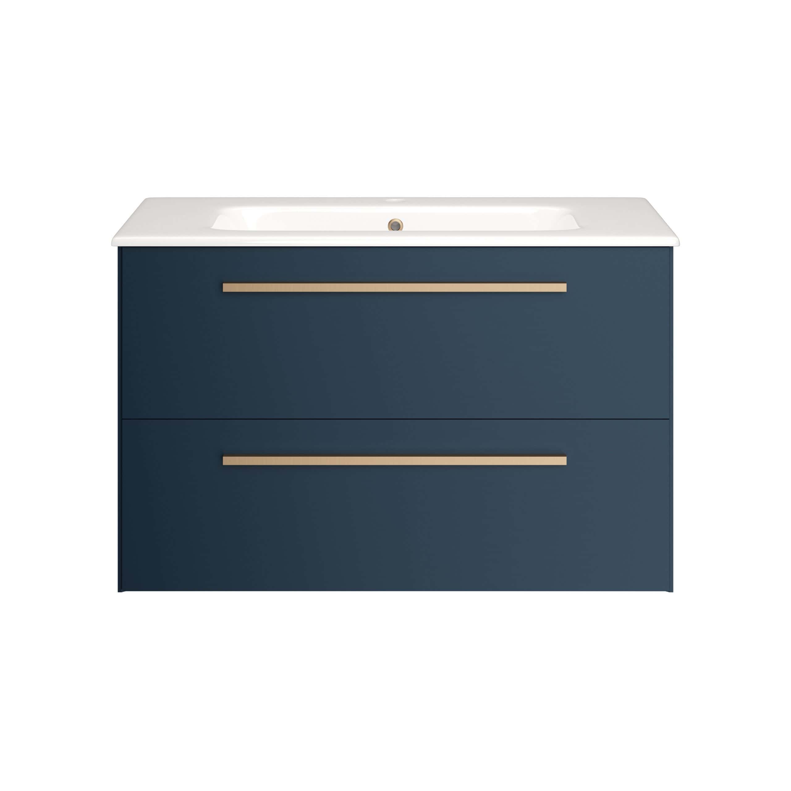 Contemporary blue bathroom vanity unit with integrated sink and sleek brass handles, perfect for modern bathroom designs.