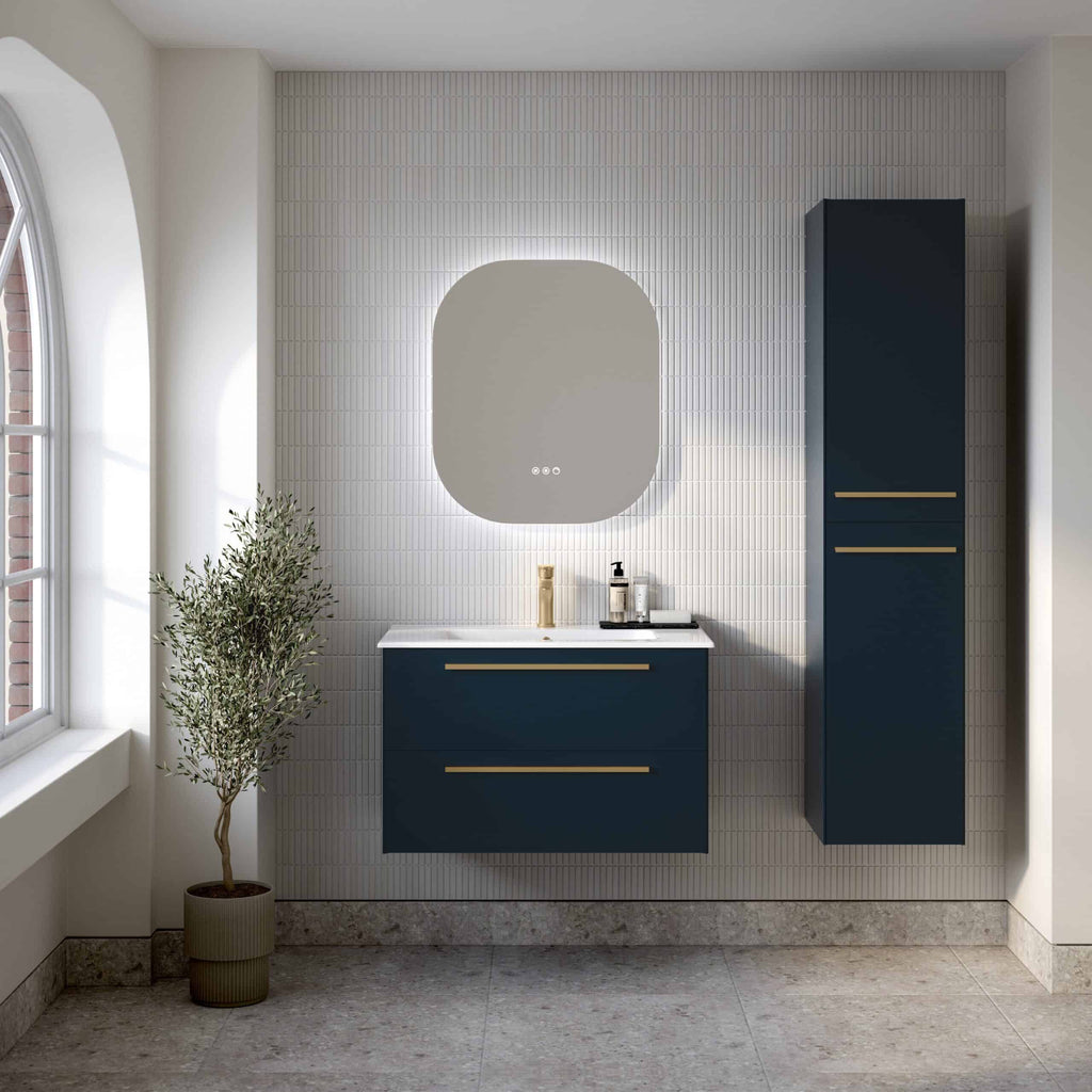 Modern navy blue bathroom vanity with gold handles in a contemporary bathroom design.