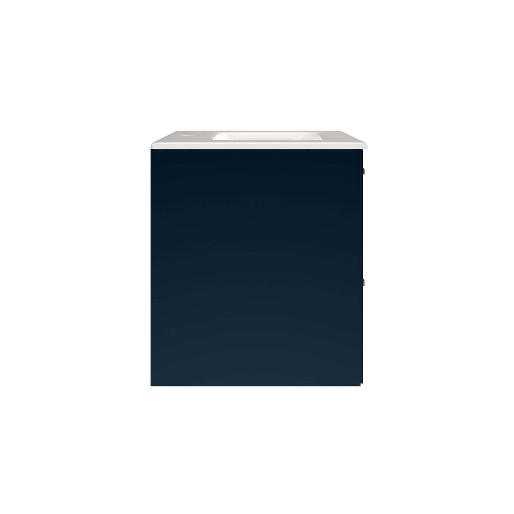 Polished navy bathroom vanity unit with integrated sink, modern storage cabinet for stylish bathroom organisation.
