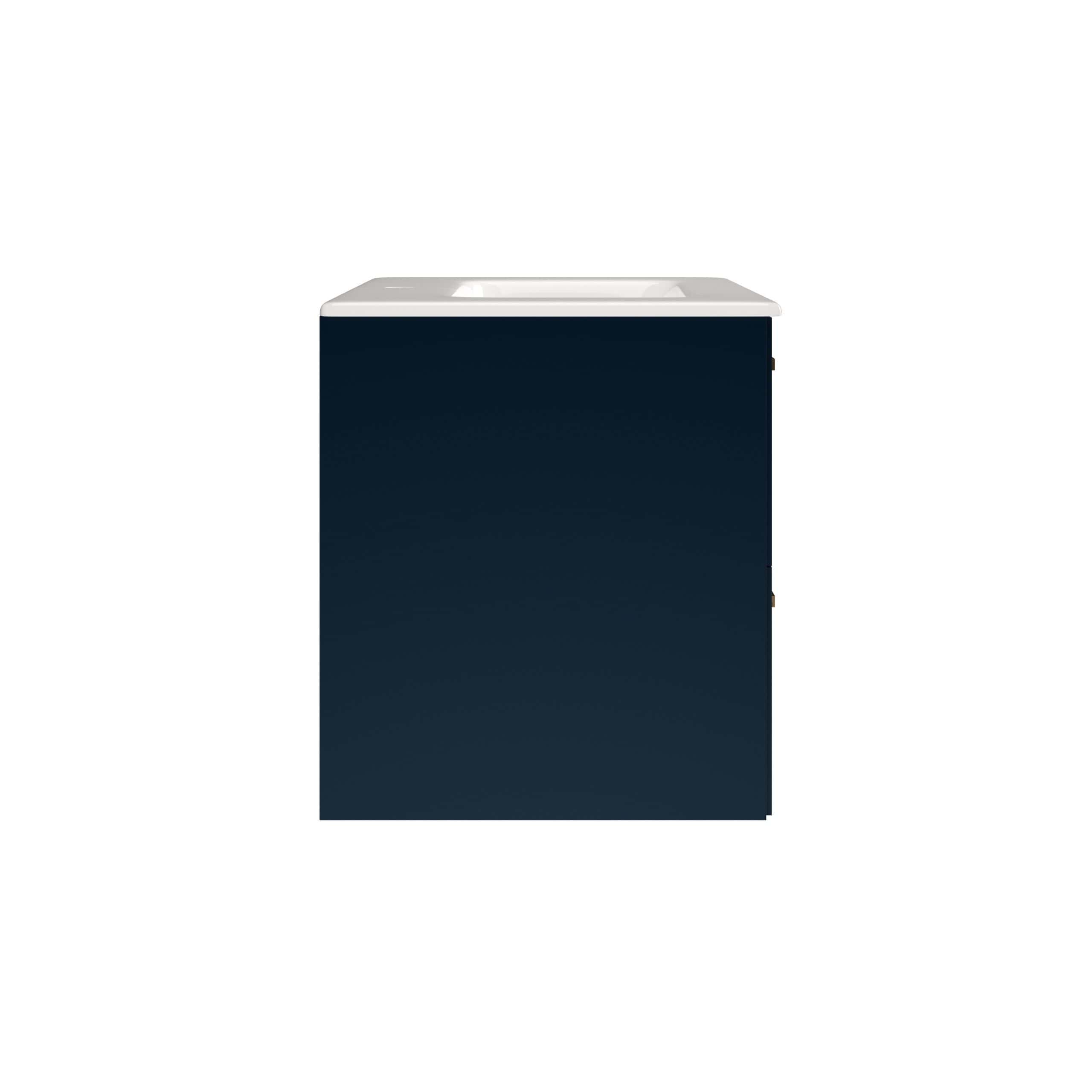 Polished navy bathroom vanity unit with integrated sink, modern storage cabinet for stylish bathroom organisation.
