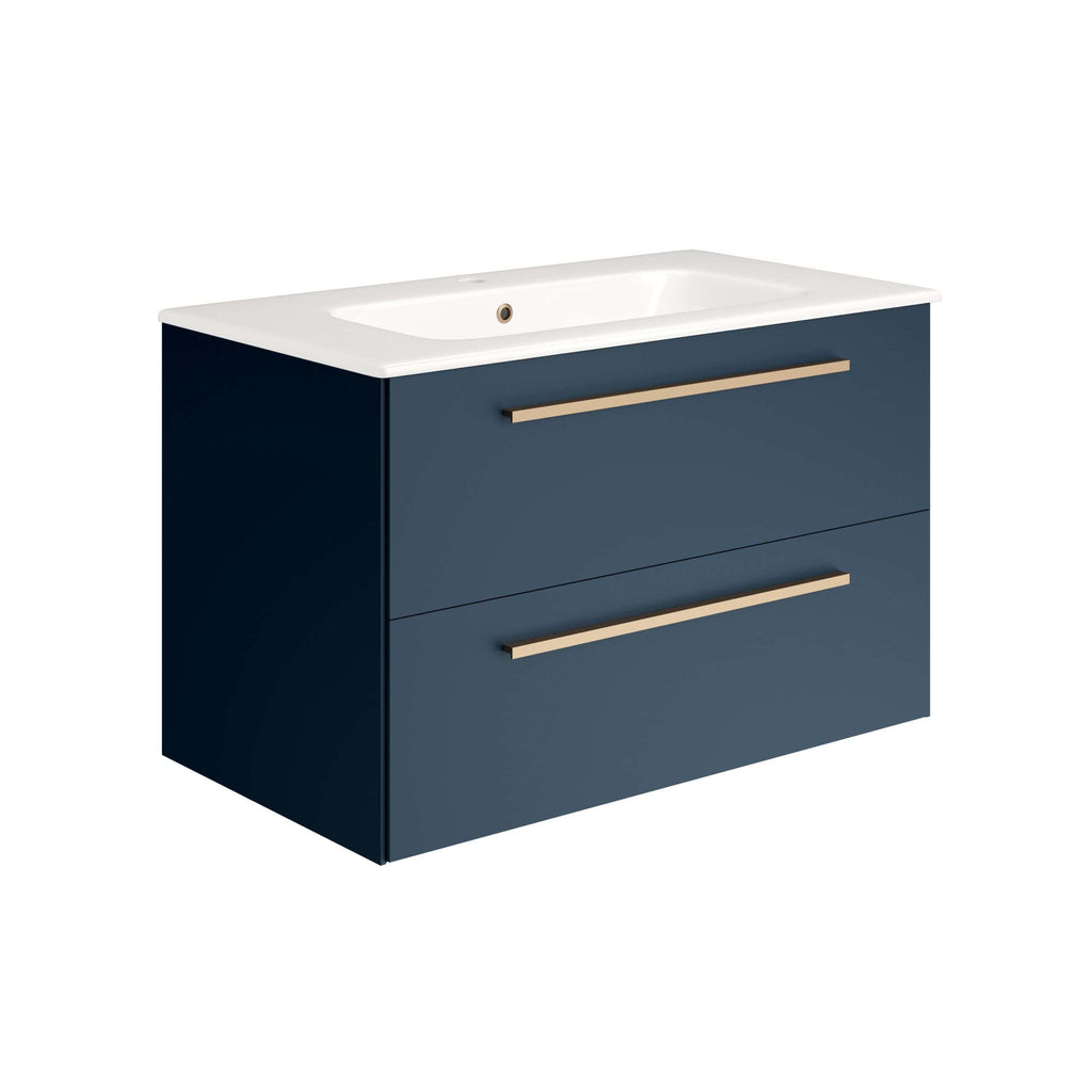 Modern navy blue bathroom vanity with white ceramic sink and sleek gold handles, ideal for contemporary bathroom renovations. Perfect for stylish, functional bathroom furniture.