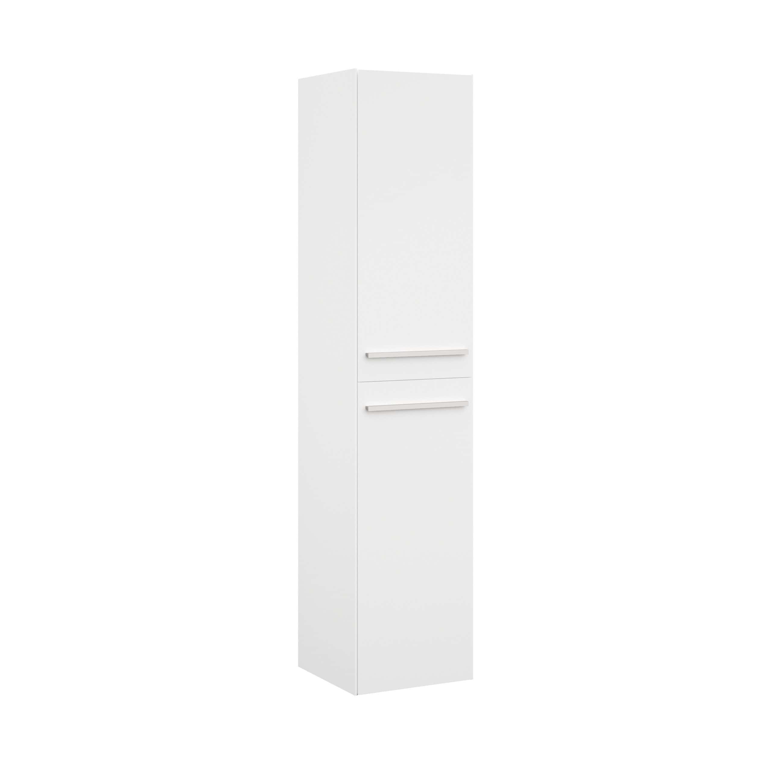 White modern bathroom storage unit with two drawers and tall cabinet for bathroom organisation, sleek design, ideal for bathrooms, contemporary style, functional furniture from Bubly Bathrooms.