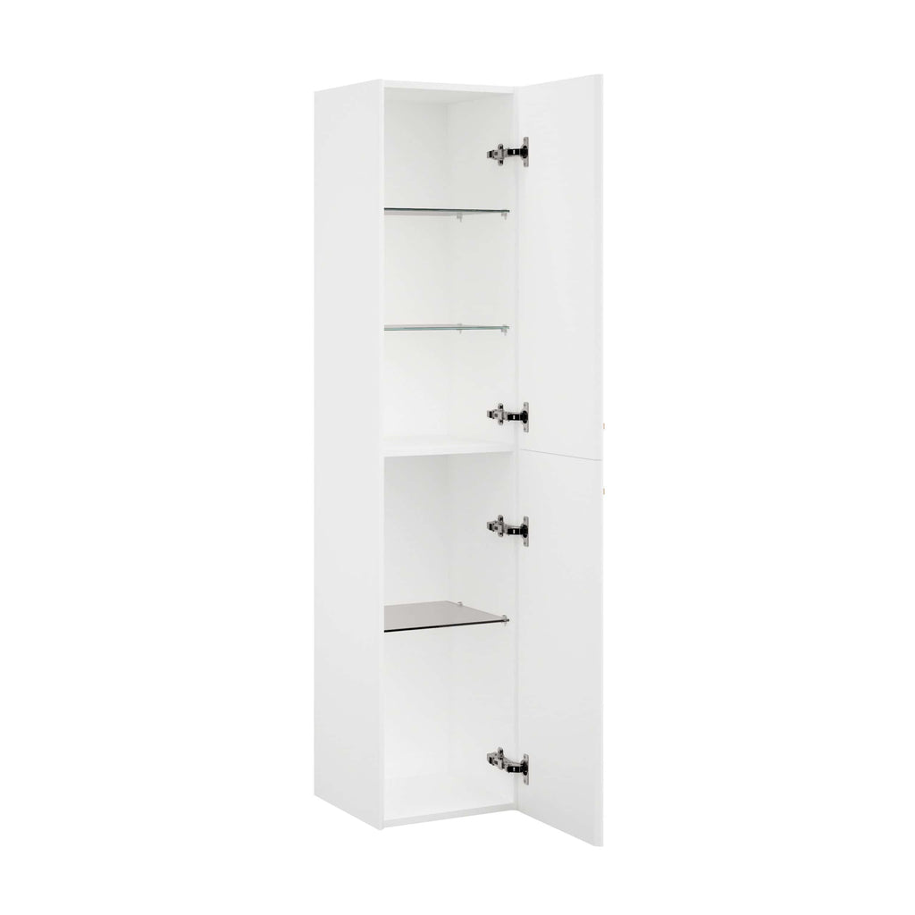 White bathroom storage cabinet with shelves and adjustable hinges, ideal for modern bathrooms, offering practical organisation and storage solutions for toiletries and accessories.