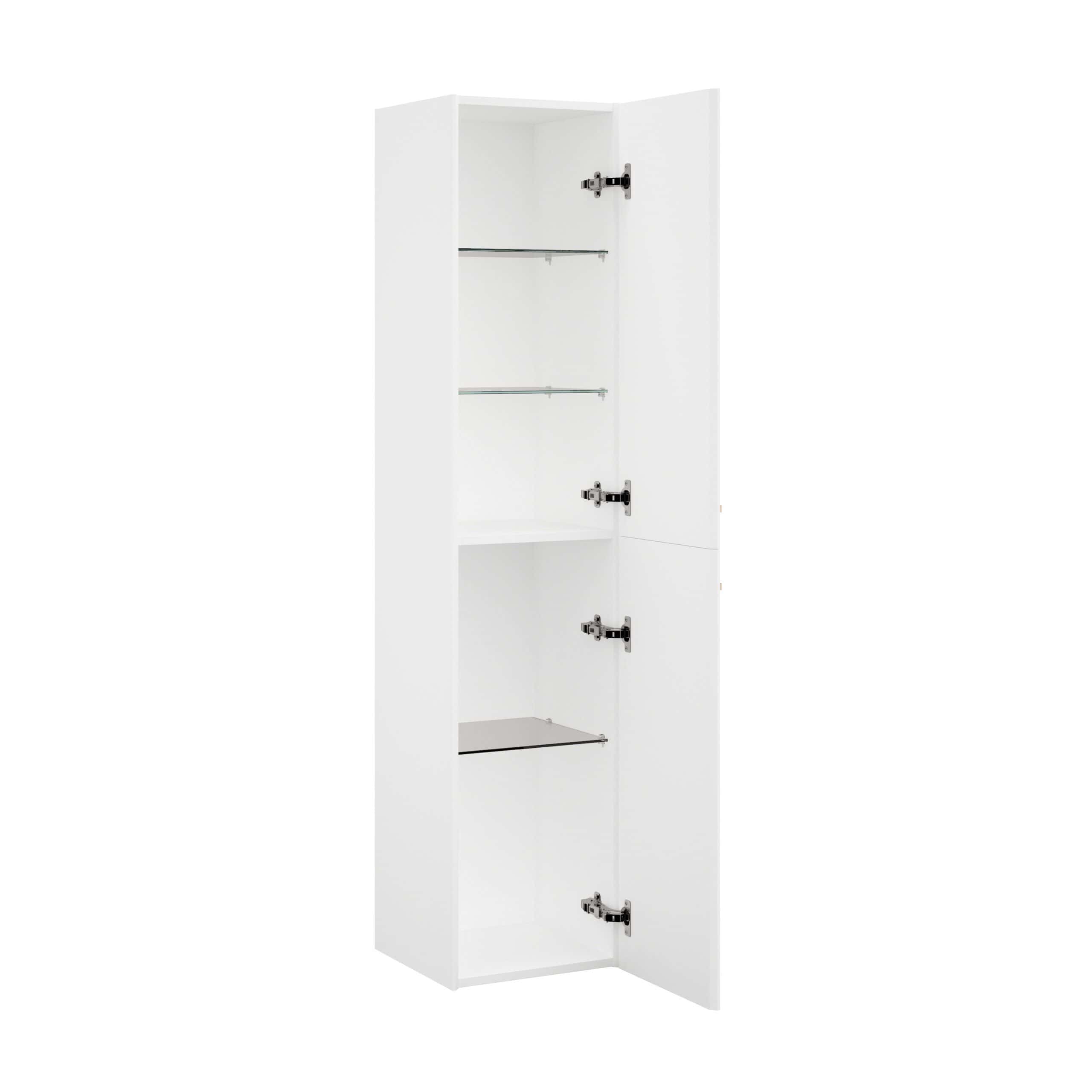 White bathroom storage cabinet with shelves and adjustable hinges, ideal for modern bathrooms, offering practical organisation and storage solutions for toiletries and accessories.