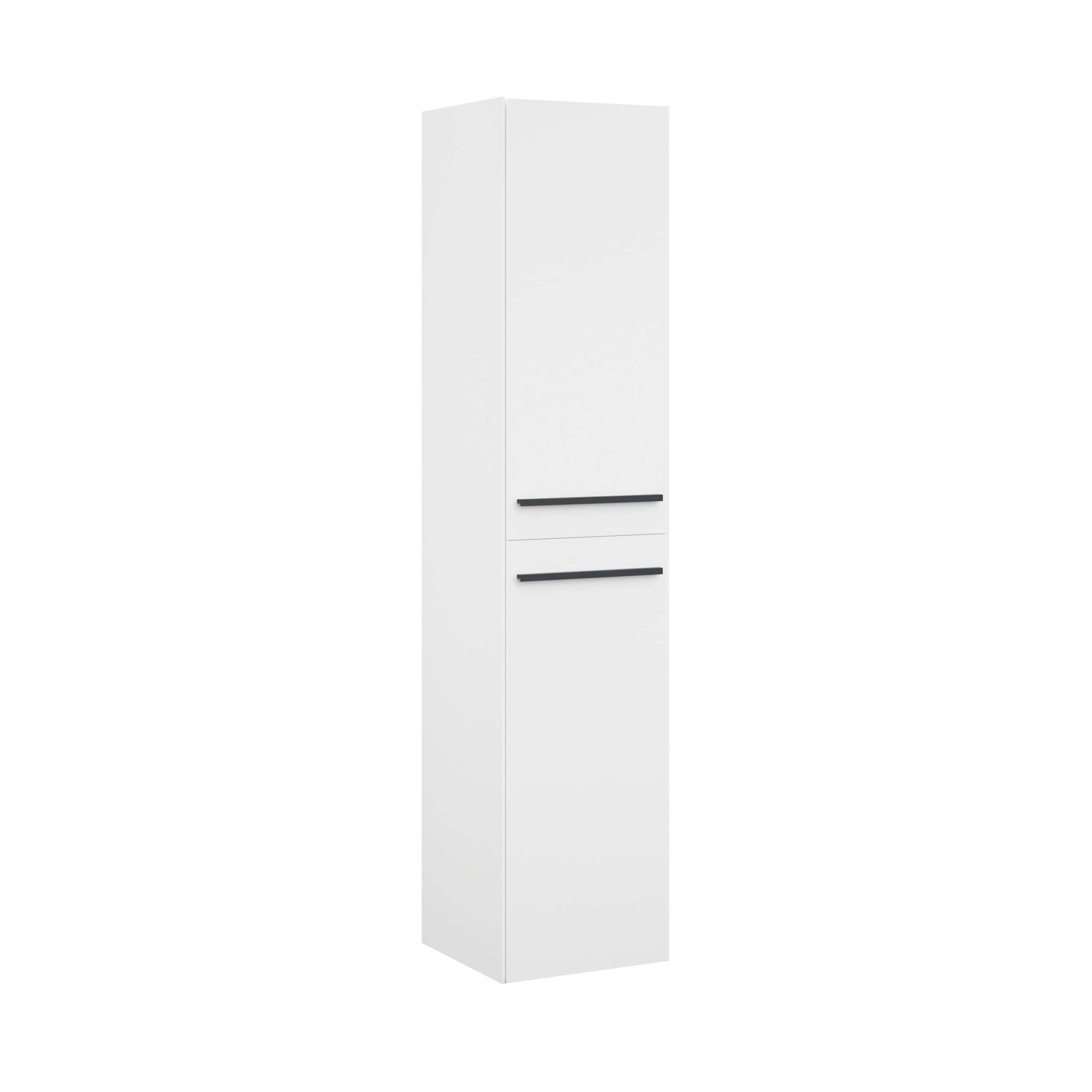 White bathroom storage cabinet with black handles, modern design, ideal for organising toiletries and bathroom essentials, sleek and functional for contemporary bathrooms.