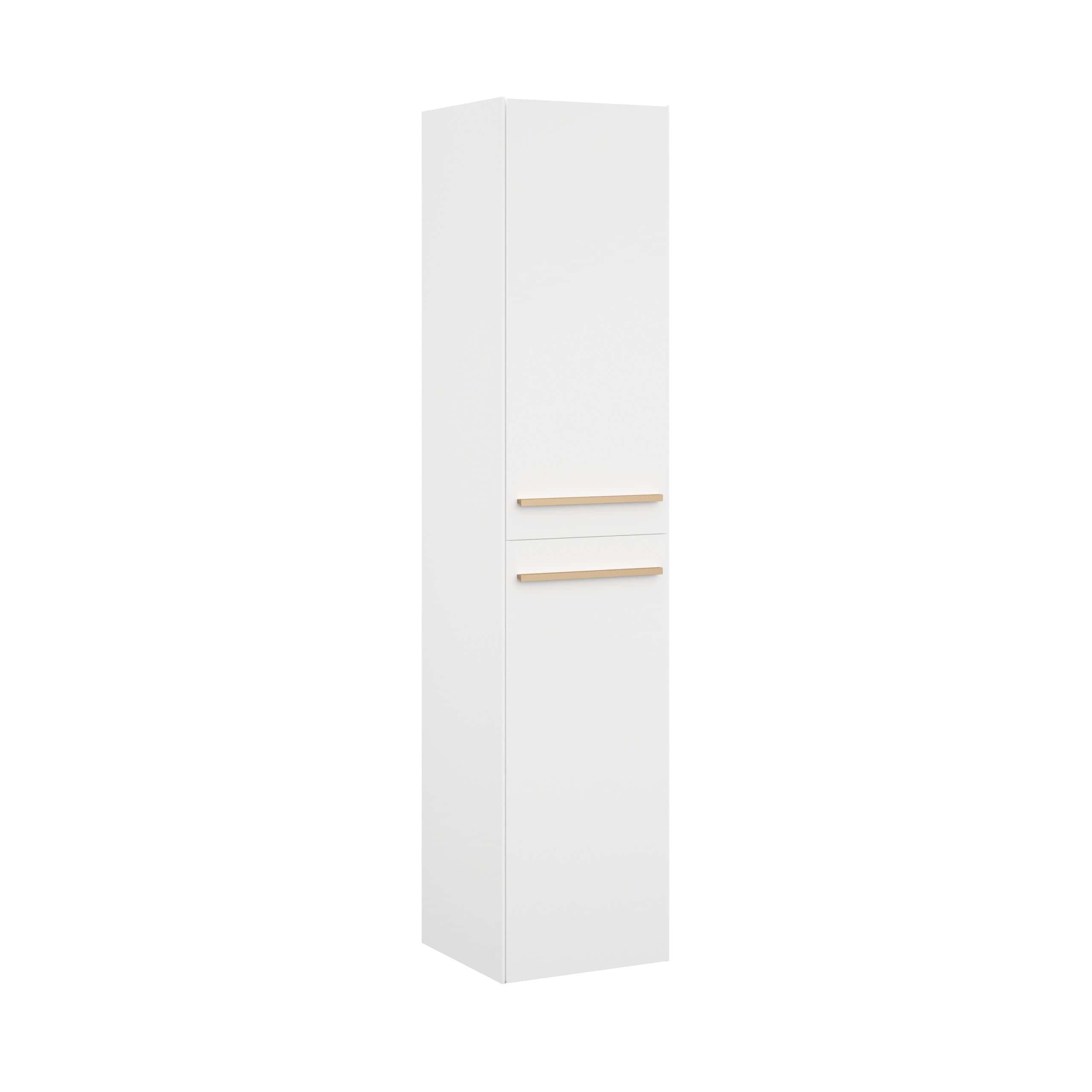 Sleek white bathroom storage cabinet with wooden handles, ideal for modern bathrooms, providing stylish and functional organisation solutions.