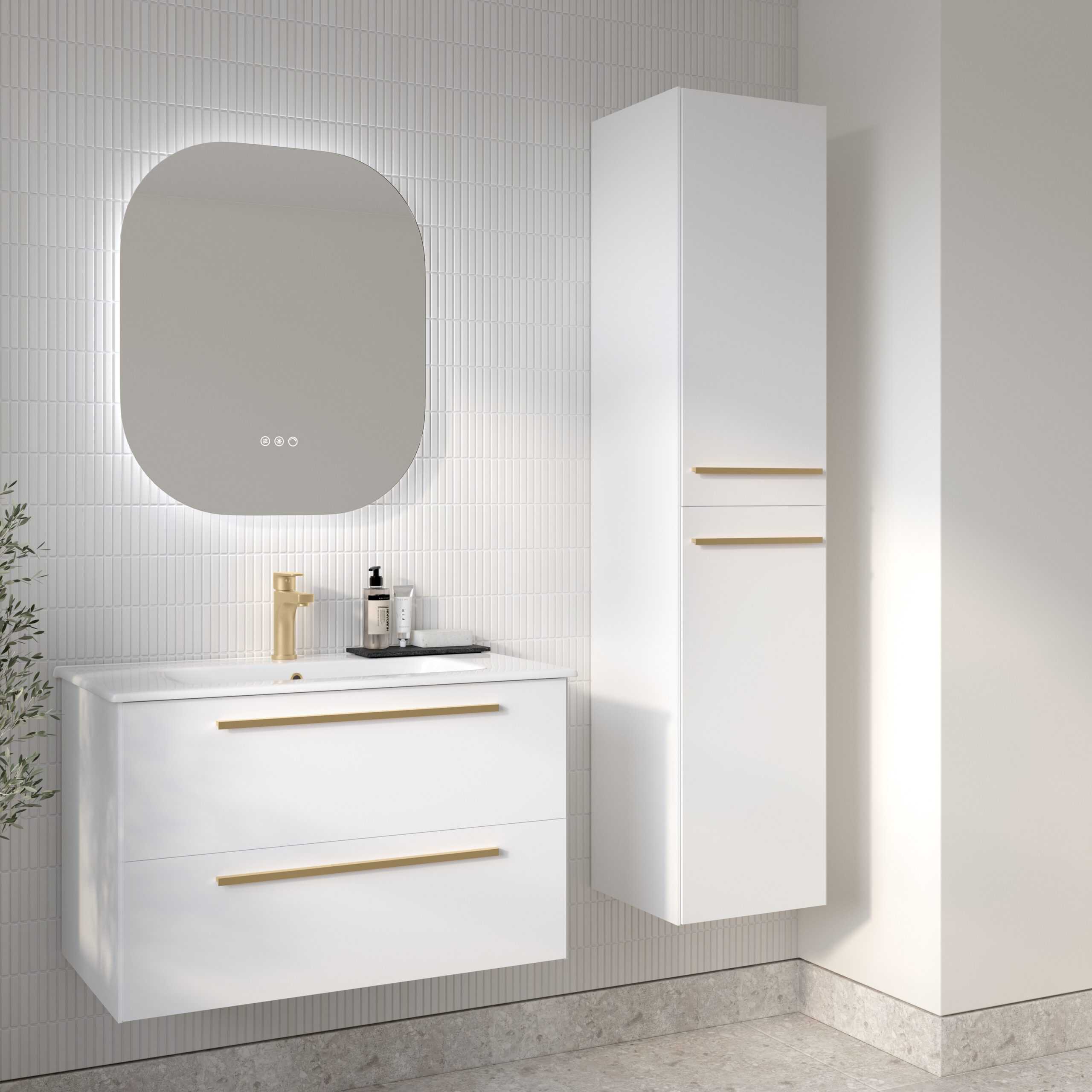 Sleek white bathroom vanity with gold handles and matching wall-mounted cabinet in modern bathroom design. Features a stylish mirror and contemporary accessories, perfect for a minimalist bathroom space.