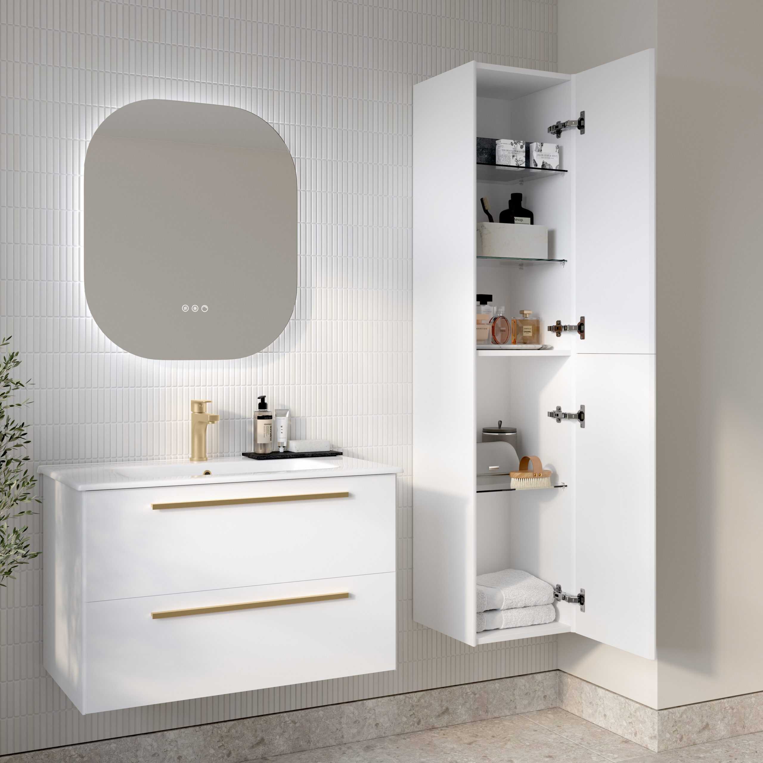 Sleek white bathroom vanity with gold handles and an integrated sink, paired with a tall white storage cabinet for bathroom organisation, in a modern minimalist design.