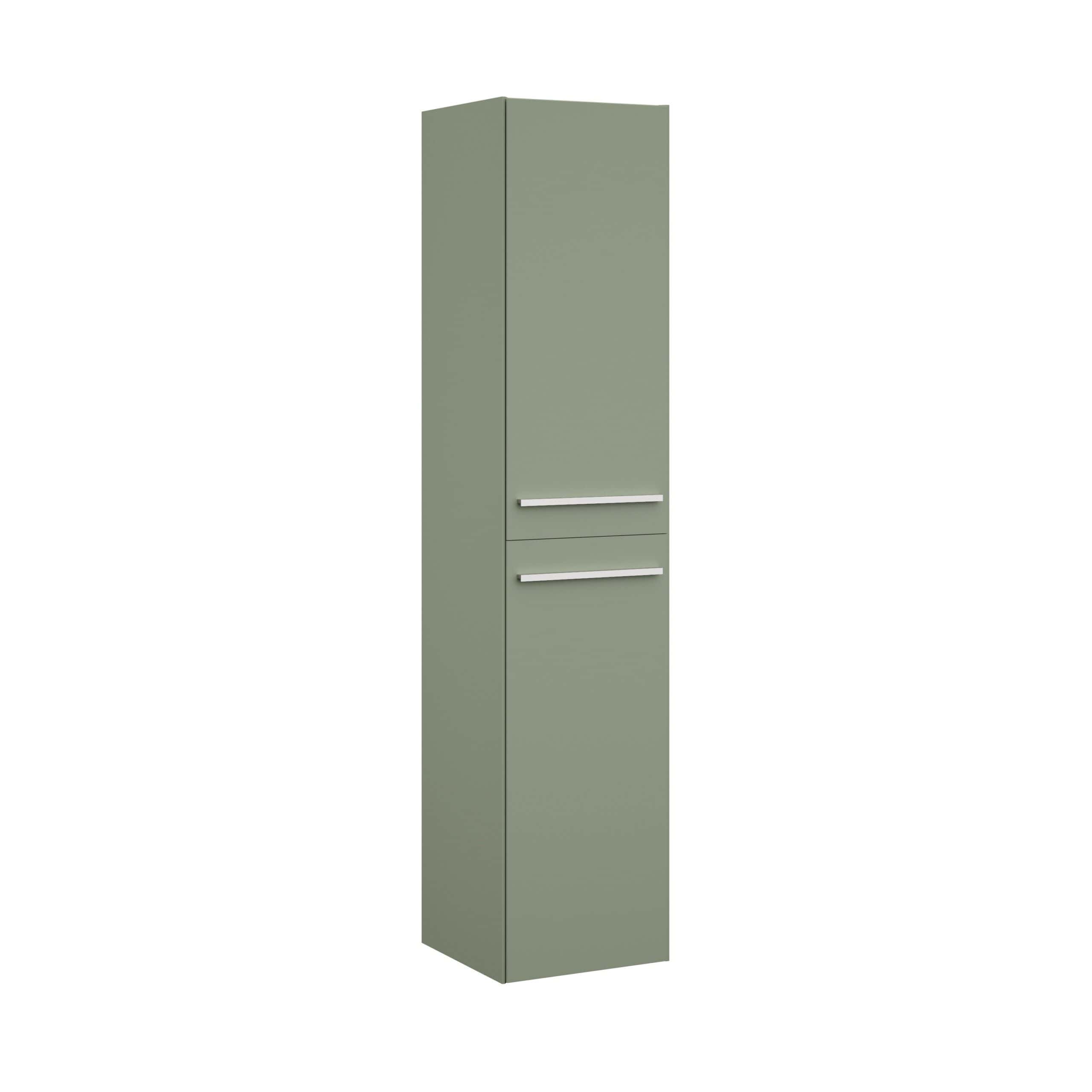 Olive green bathroom storage cabinet with two drawers and vertical silver handles, modern design, ideal for organizing bathroom essentials, part of Bubly Bathrooms collection.
