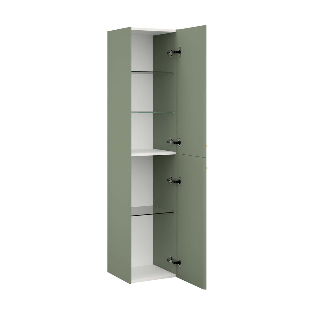 Modern green bathroom storage cabinet with adjustable glass shelves and internal compartments, ideal for organising toiletries and bathroom essentials.