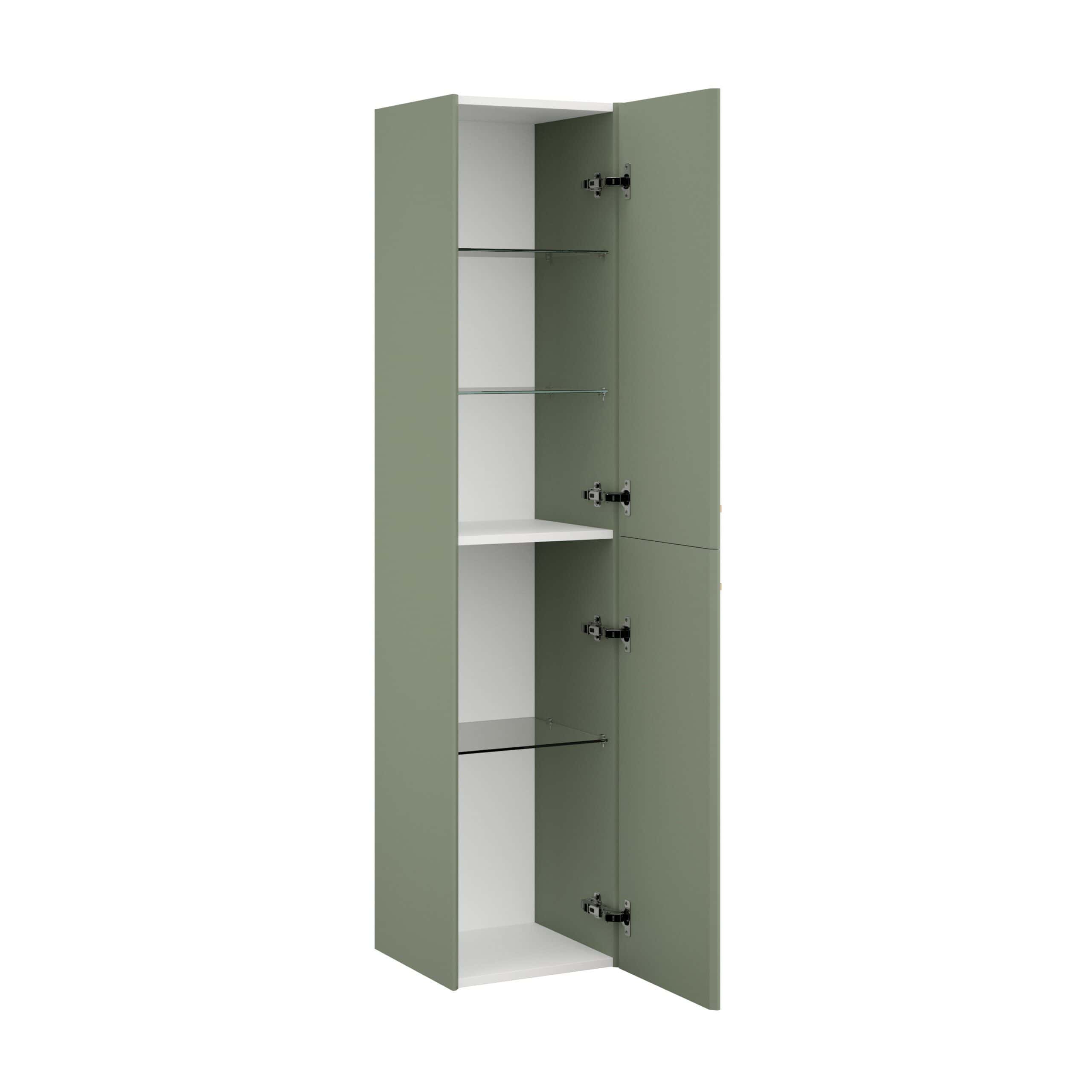 Modern green bathroom storage cabinet with adjustable glass shelves and internal compartments, ideal for organising toiletries and bathroom essentials.