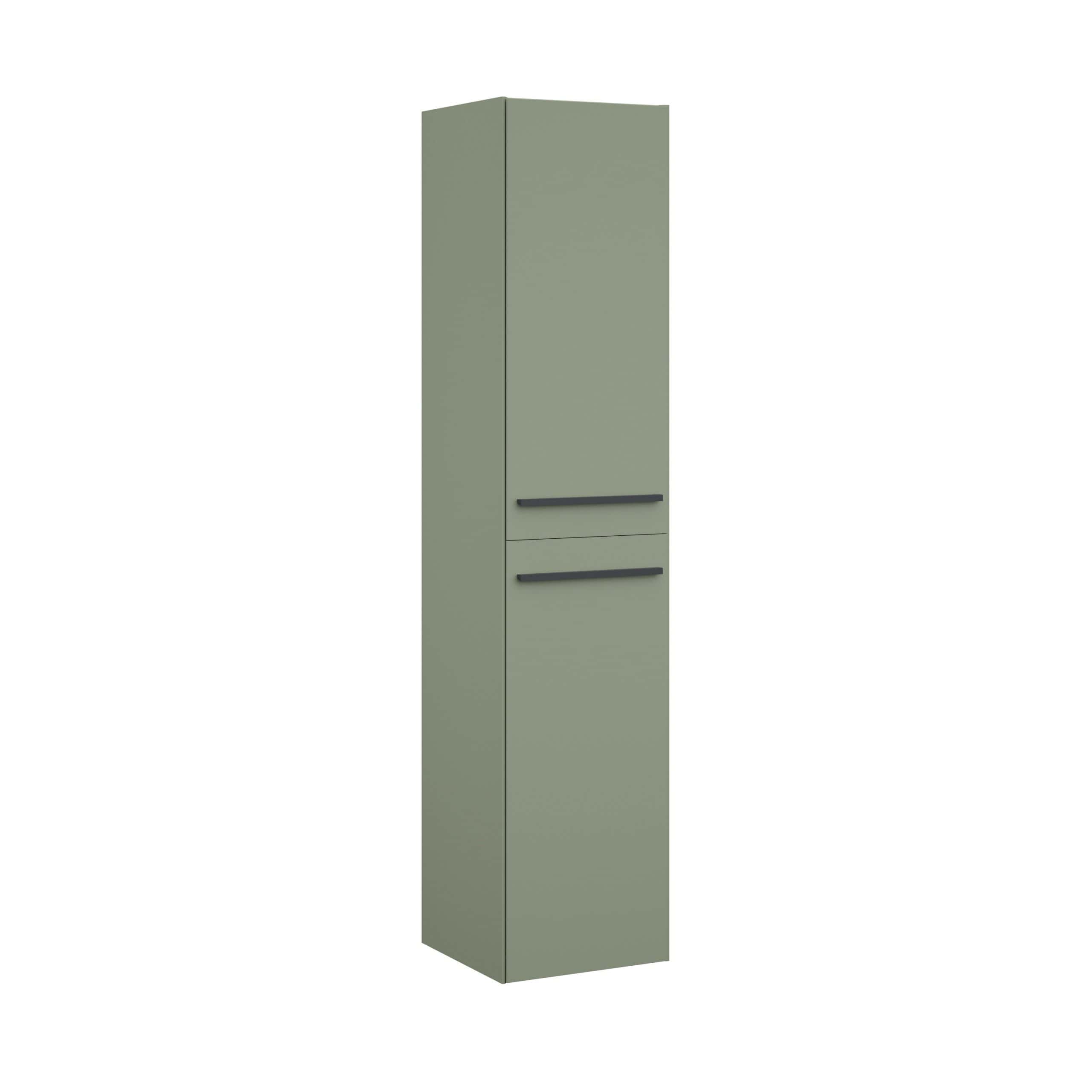 Sage green tall bathroom storage cabinet with sleek black handles, ideal for organising toiletries and towels in modern bathrooms. Space-saving design with multiple compartments.