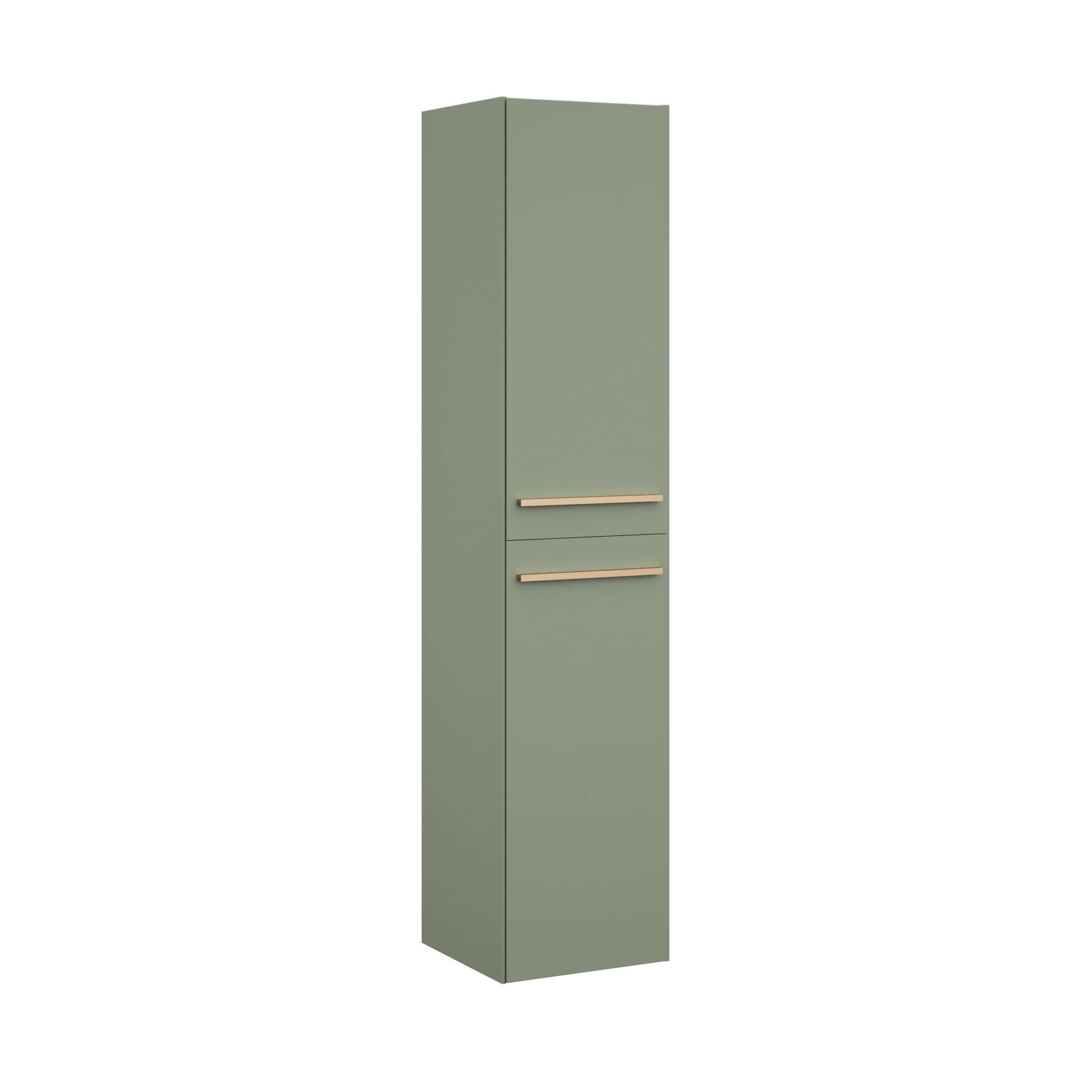 Sleek green bathroom storage cabinet with wooden handles, ideal for modern bathrooms, offering ample space for toiletries and towels, stylish and functional design.