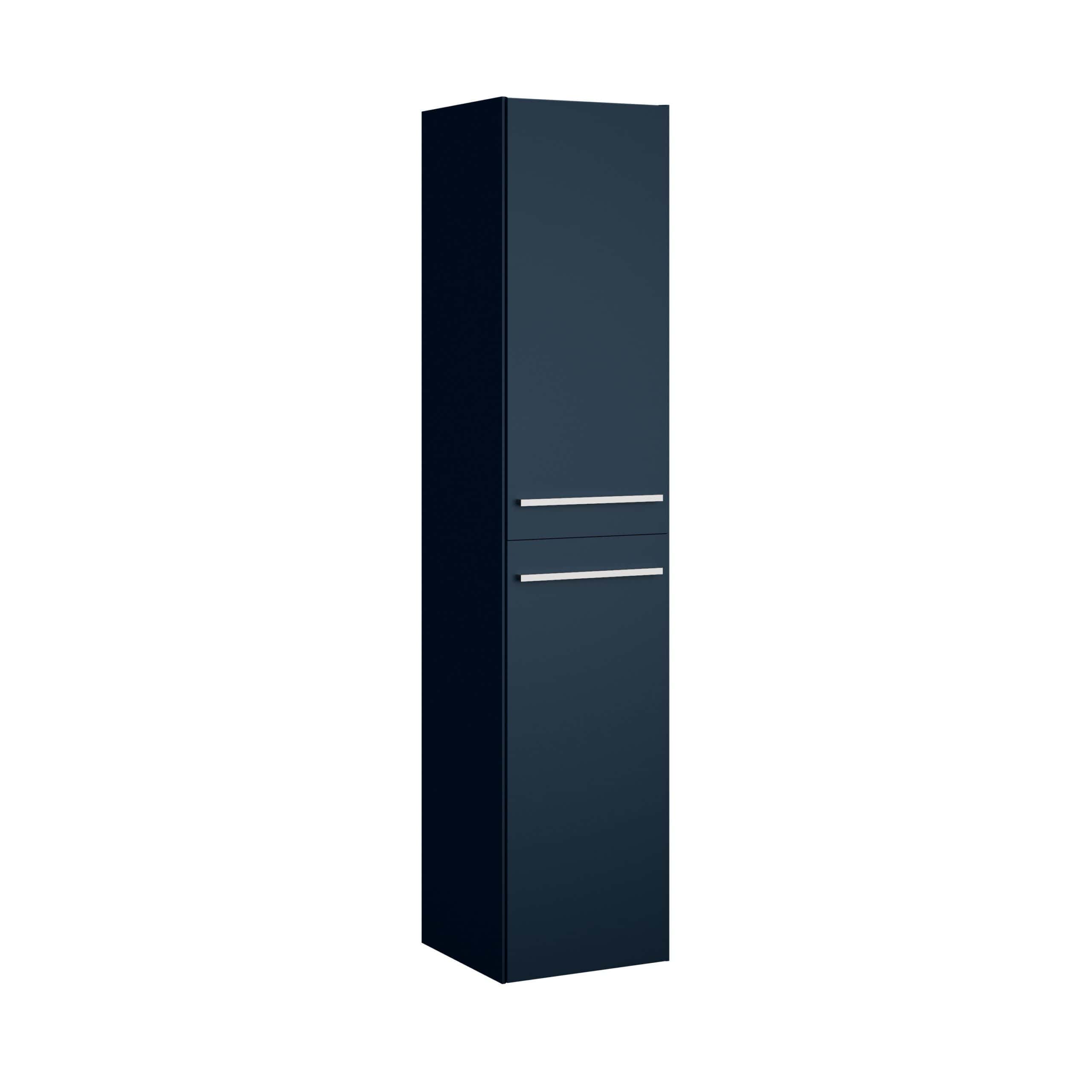 Contemporary navy bathroom tall storage cabinet with sleek silver handles, ideal for modern bathrooms for efficient organisation and stylish storage solutions.